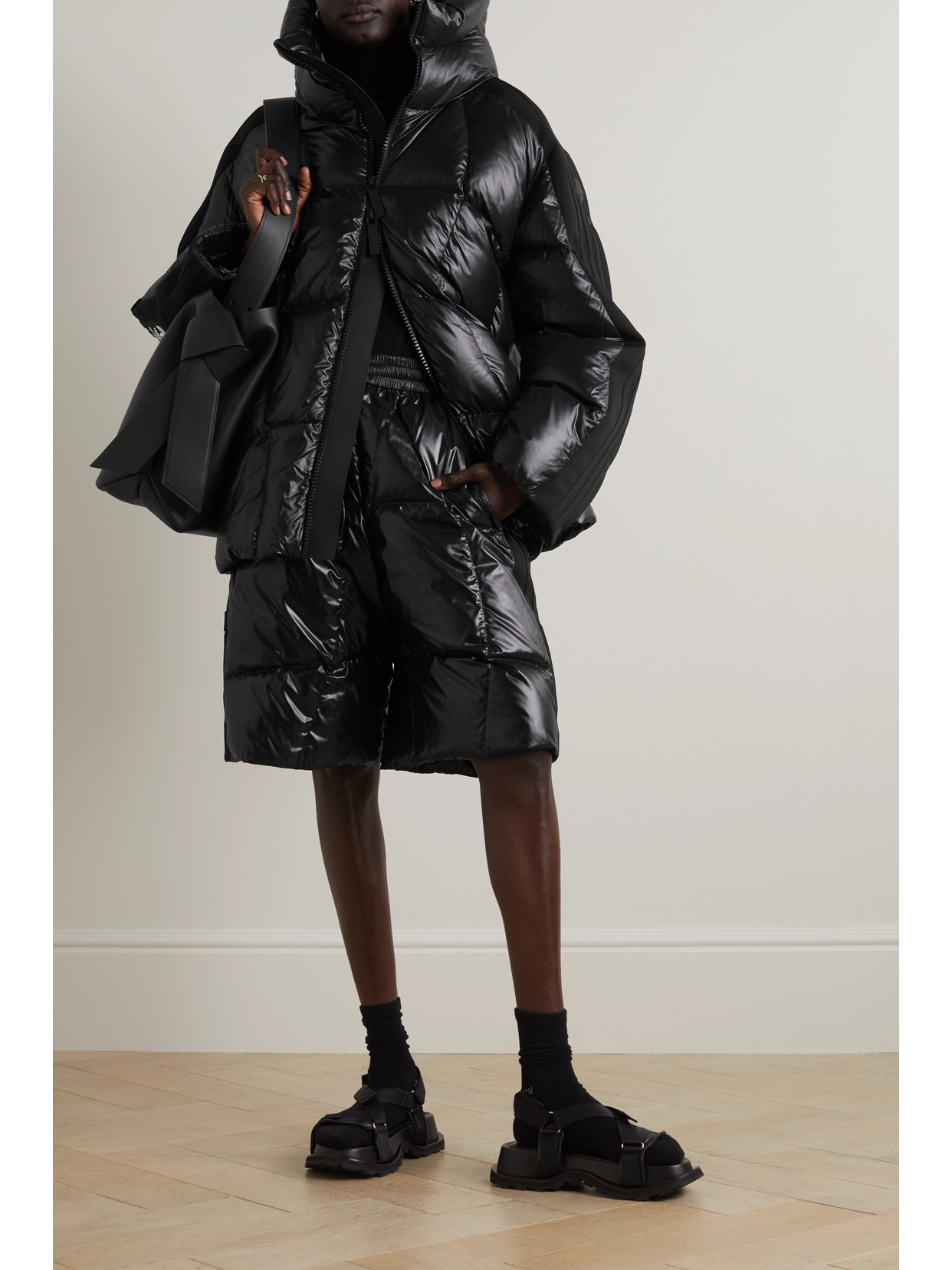 Shop Moncler Genius + Adidas Originals Beiser Hooded Quilted Jersey-trimmed Glossed-shell Down Coat In Black