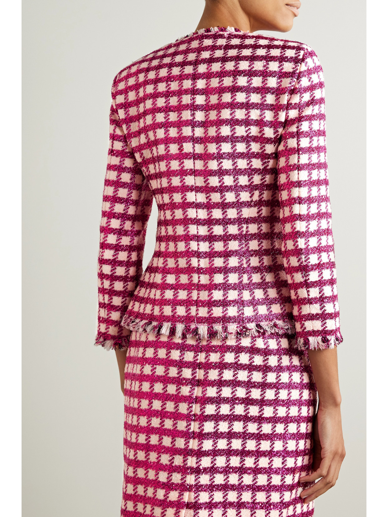Oscar De La Renta Frayed Checked Metallic Wool-blend Tweed Jacket In Red