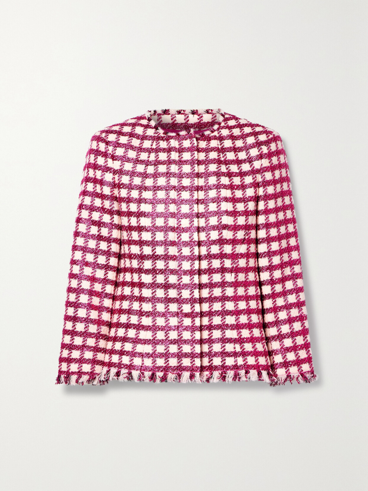 Oscar de la Renta - Frayed Checked Metallic Wool-blend Tweed Jacket - Red