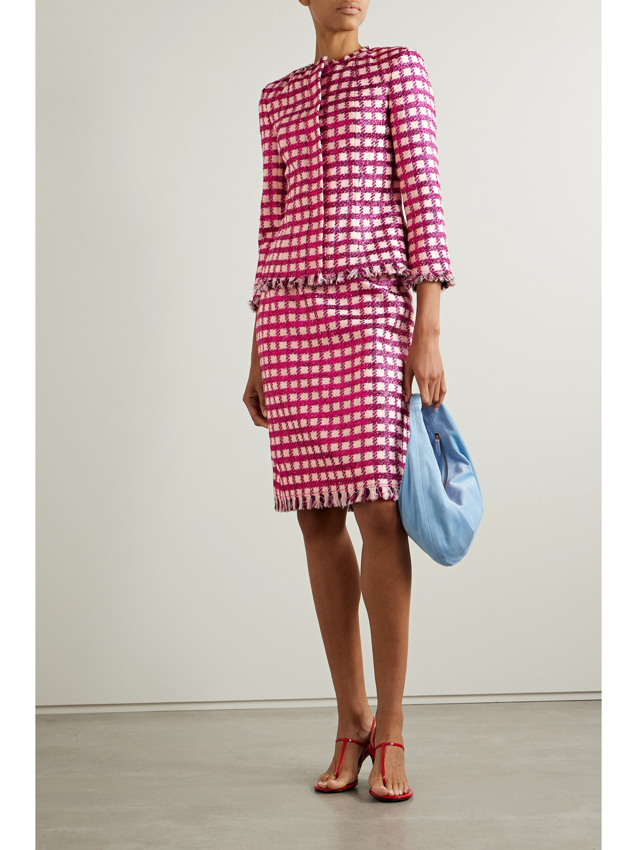 Oscar De La Renta Frayed Checked Metallic Wool-blend Tweed Jacket In Red