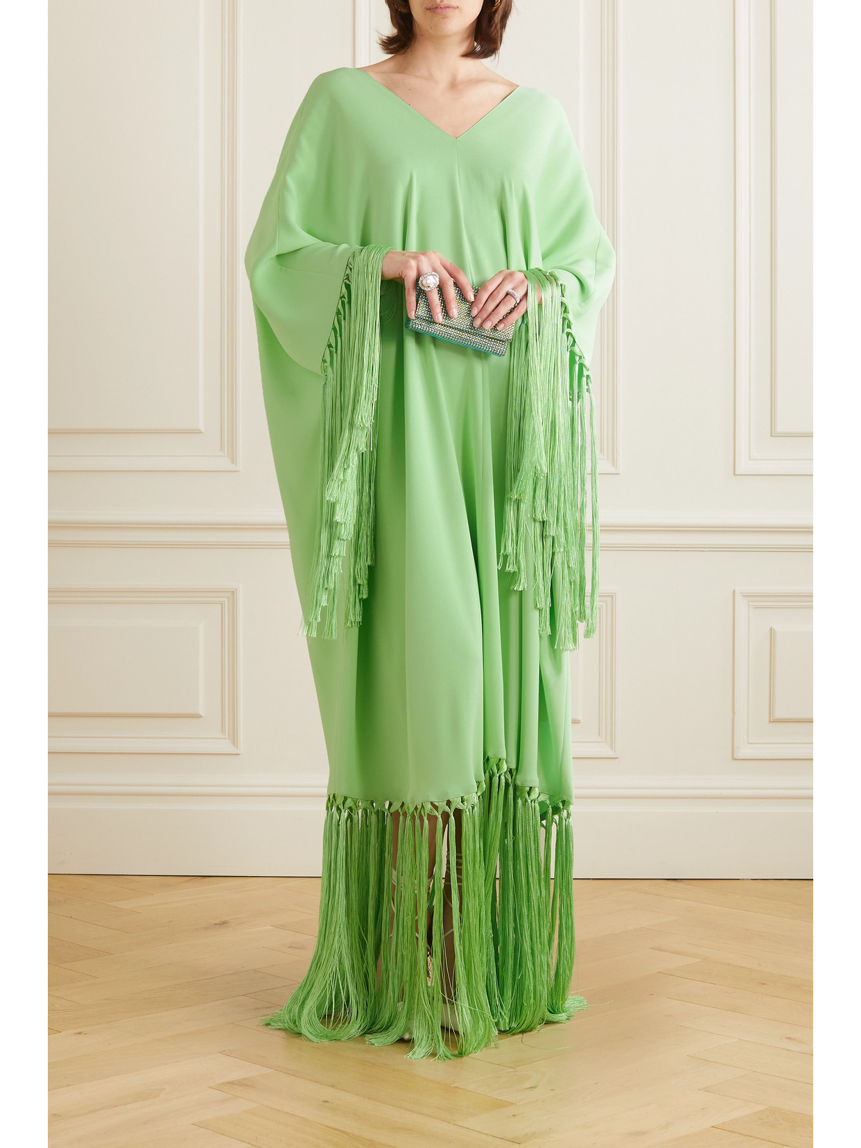 Shop Oscar De La Renta Fringed Silk-blend Georgette Kaftan In Green