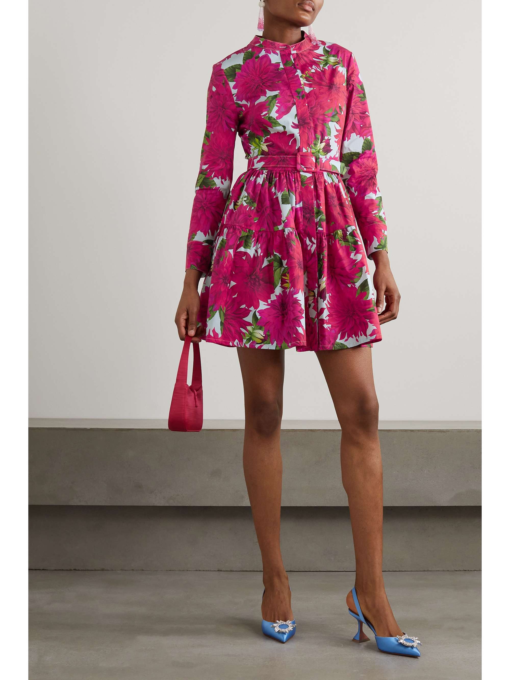 OSCAR DE LA RENTA Belted tiered floral-print cotton-poplin mini dress ...