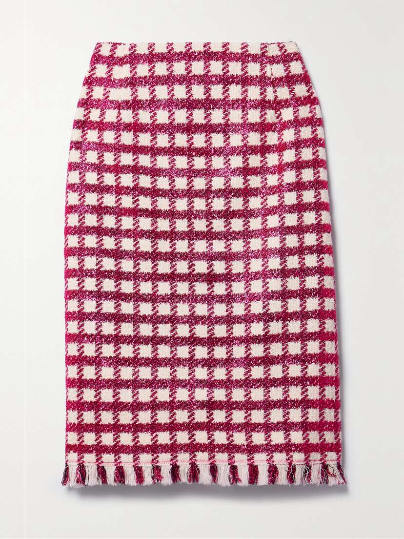 Oscar de la Renta Frayed Checked Metallic Wool-blend Tweed Skirt