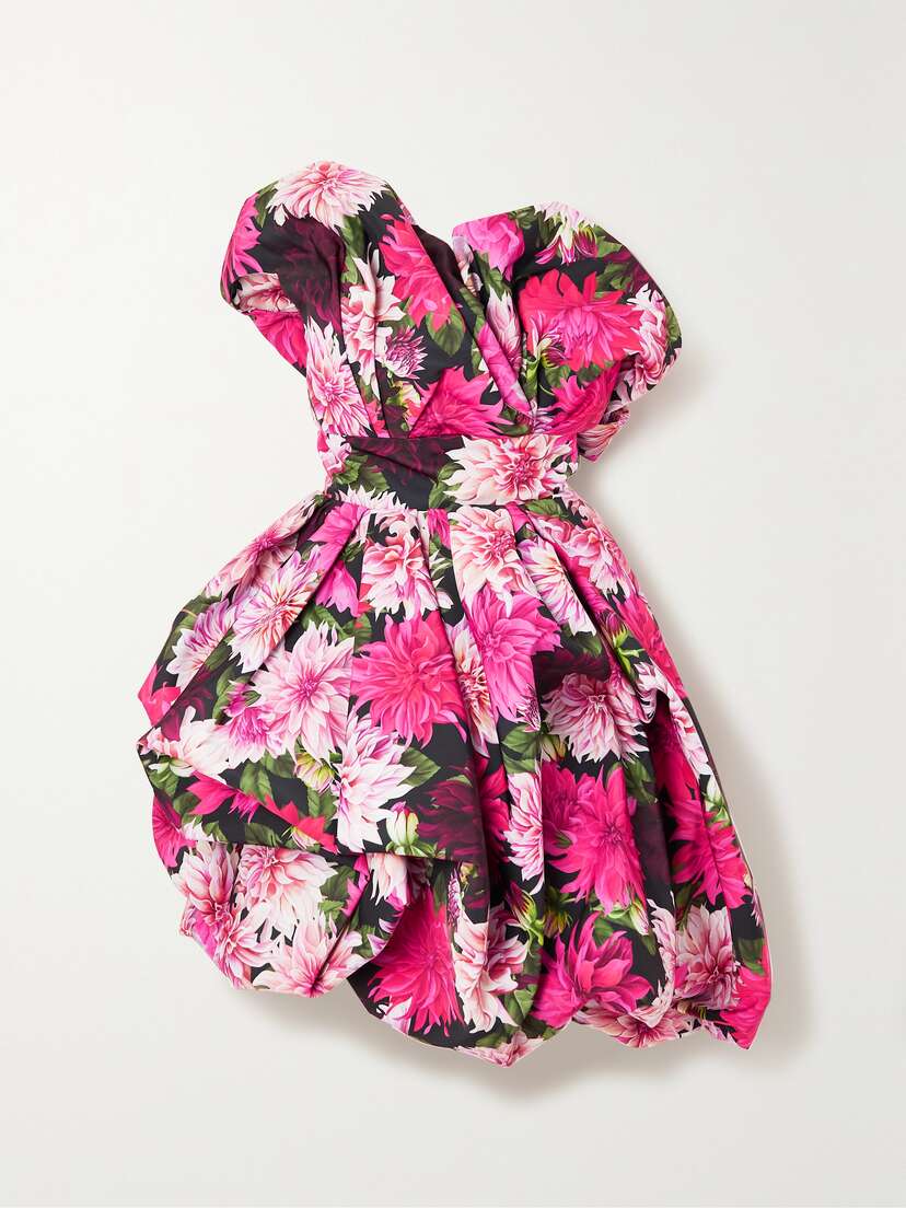 Oscar de la Renta Strapless Gathered Floral-print Faille Dress