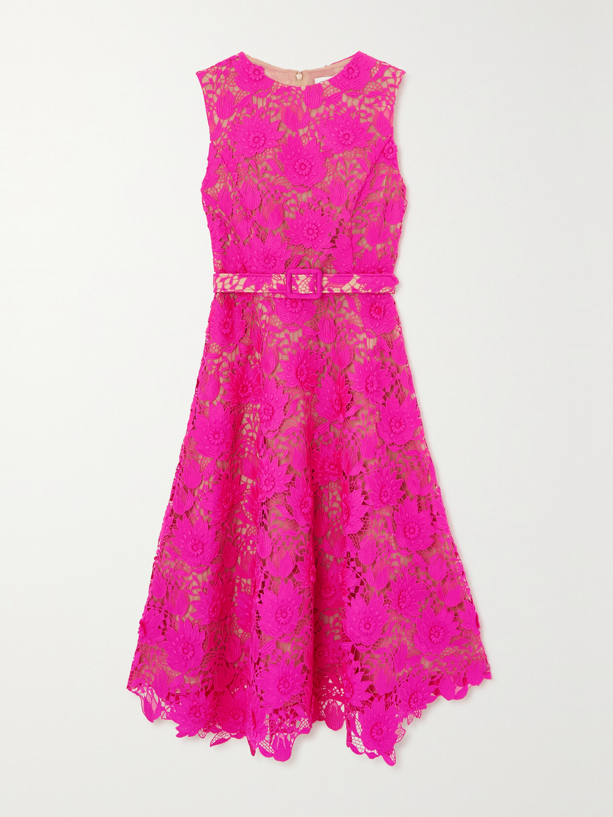 Oscar de la Renta Belted Guipure Lace Midi Dress - Pink