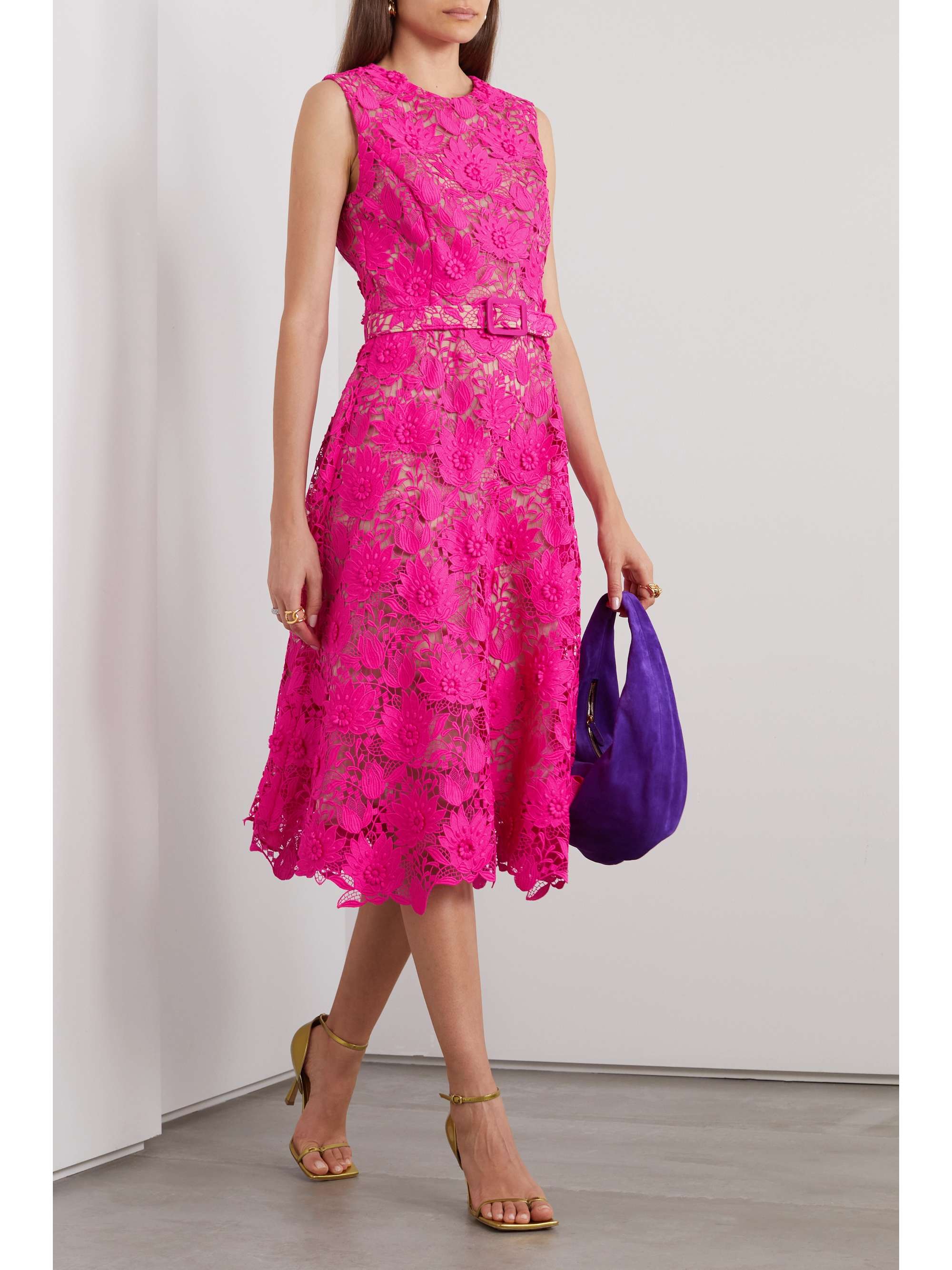 OSCAR DE LA RENTA Belted guipure lace midi dress | NET-A-PORTER