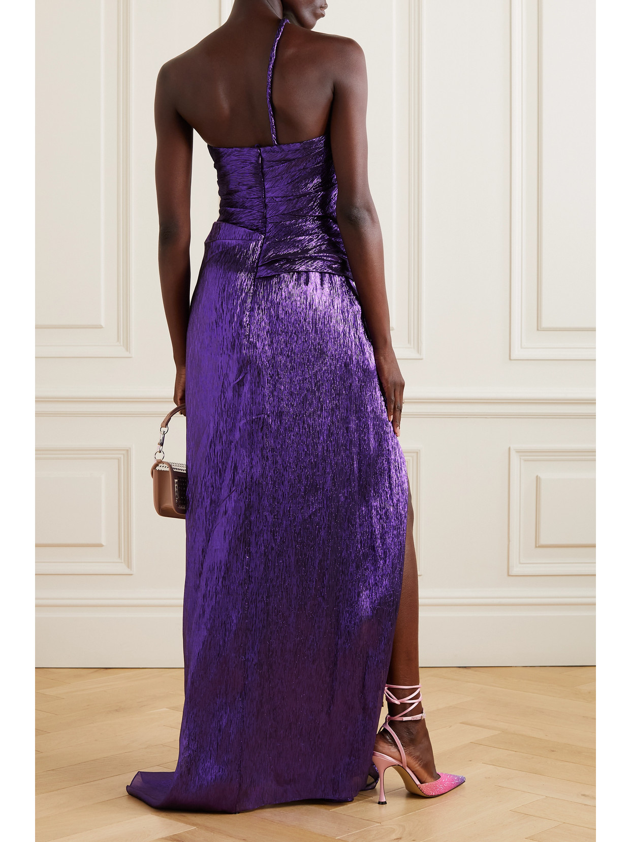 Shop Oscar De La Renta One-shoulder Draped Silk-blend Lamé Gown In Purple