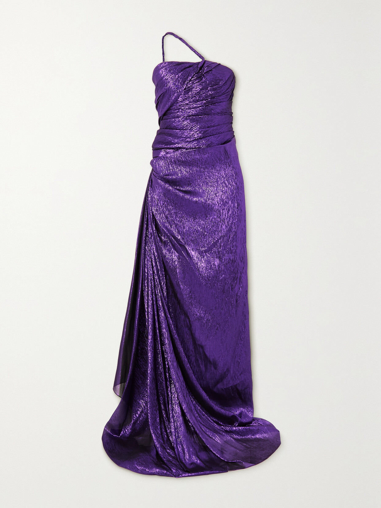 Shop Oscar De La Renta One-shoulder Draped Silk-blend Lamé Gown In Purple