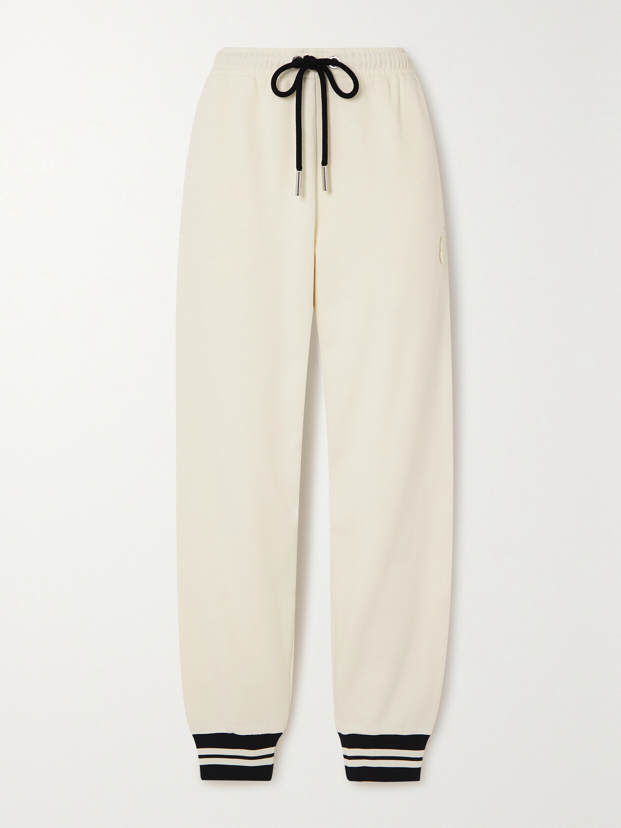 Shop Moncler Striped Tapered Cotton-blend Jersey Track Pants In White