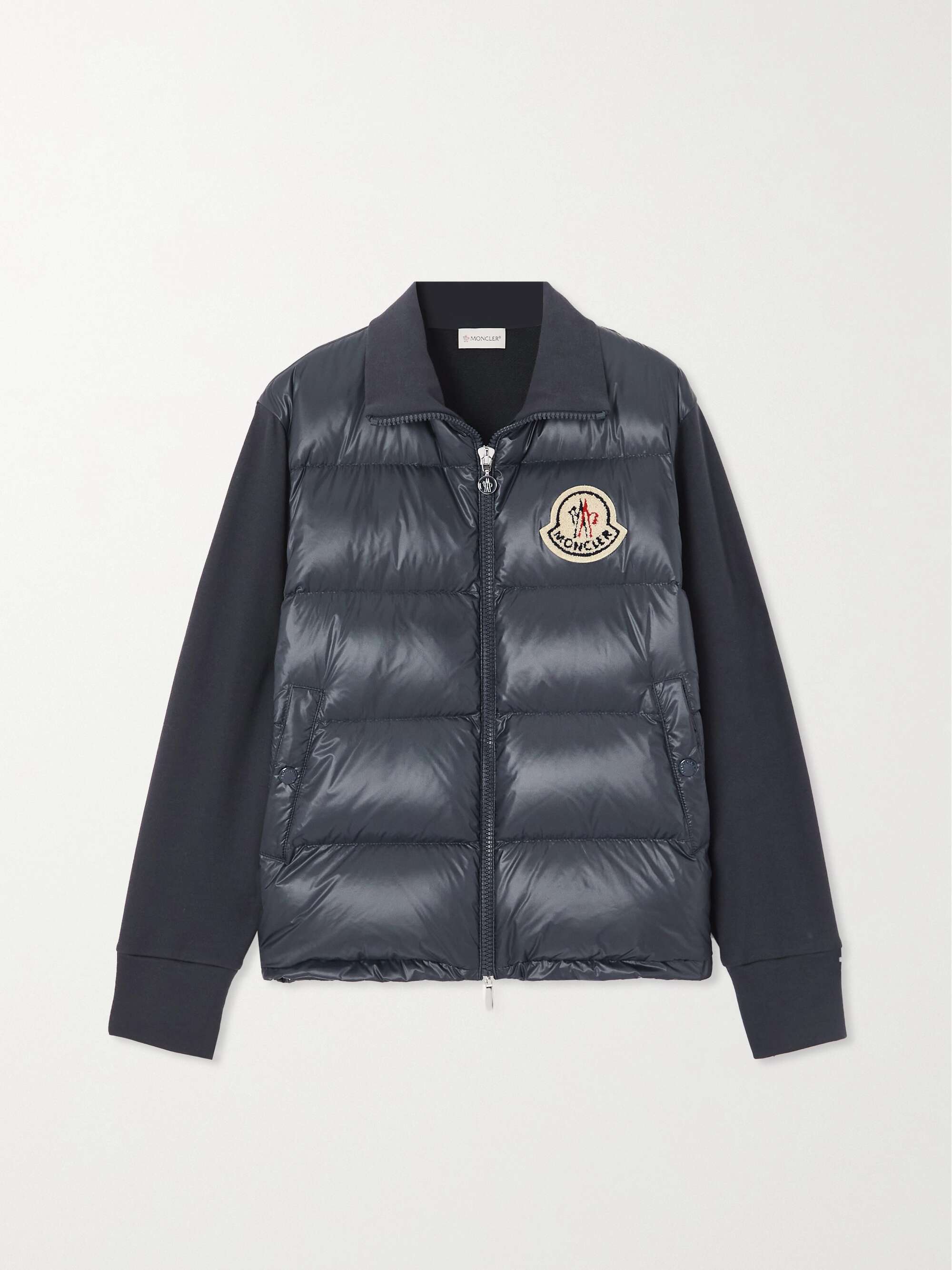 Appliqued cotton blend jersey and quilted shell down jacket navy xx small