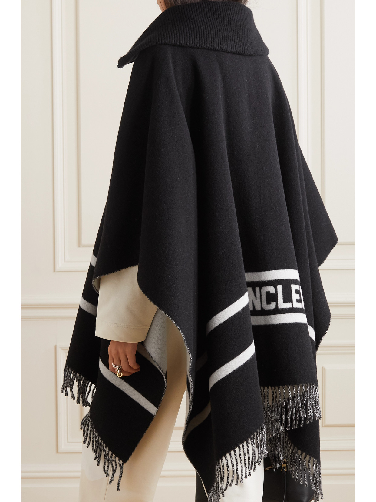 Shop Moncler Fringed Striped Wool-blend Jacquard Poncho In Black