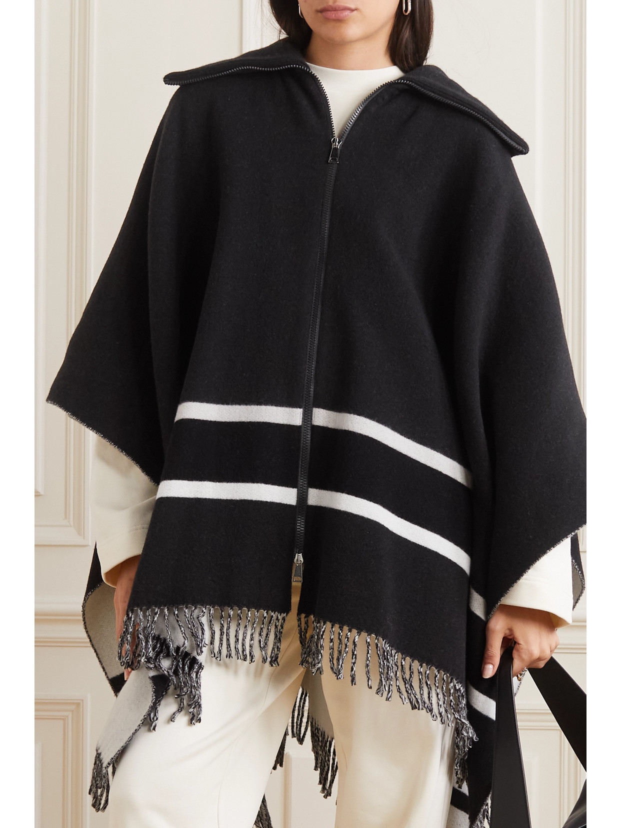 Moncler Fringed Striped Wool-blend Jacquard Poncho In Black