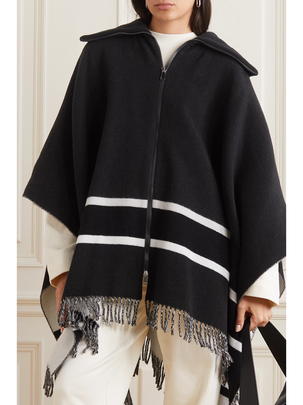 Shop Moncler Fringed Striped Wool-blend Jacquard Poncho In Black