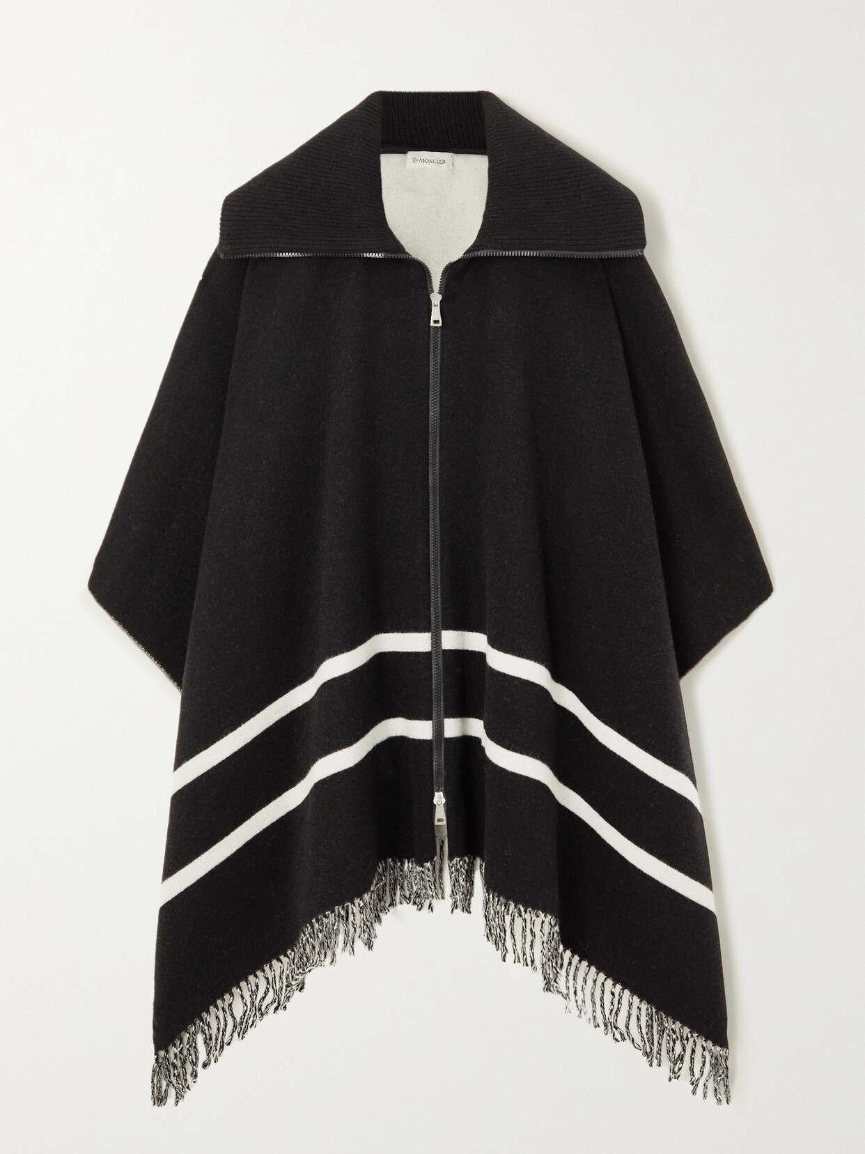 Shop Moncler Fringed Striped Wool-blend Jacquard Poncho In Black