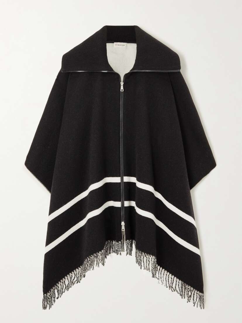 Moncler Fringed Striped Wool-blend Jacquard Poncho