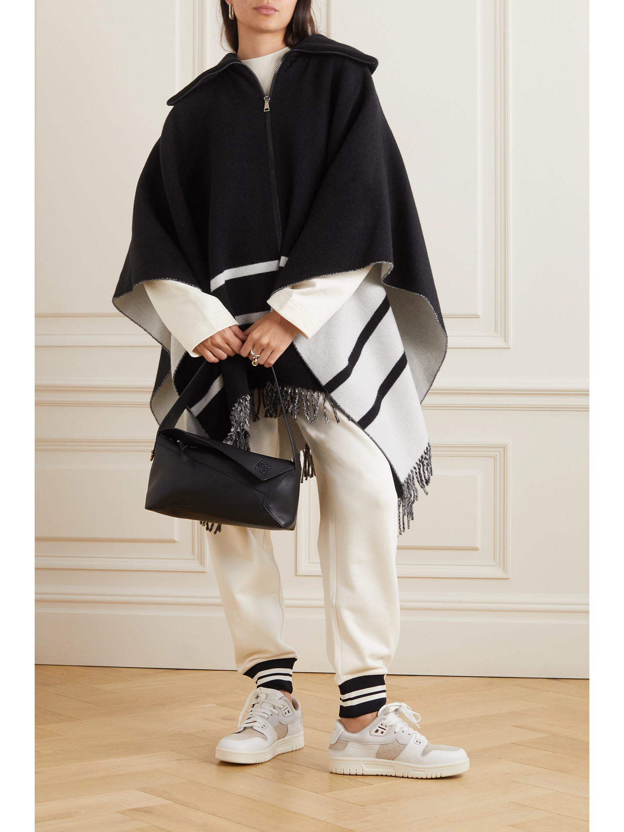 Moncler Fringed Striped Wool-blend Jacquard Poncho In Black