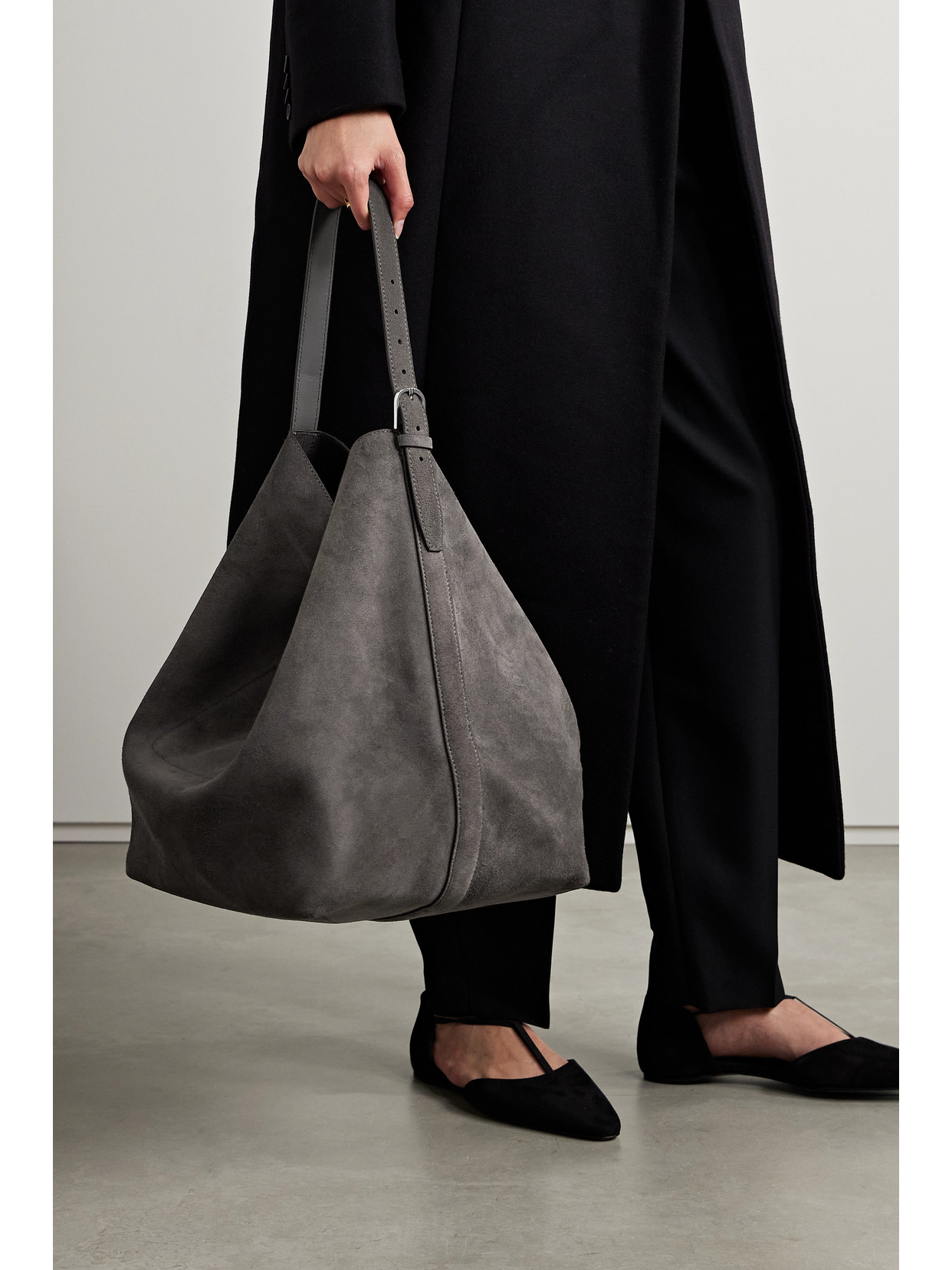 Totême Large Belted Suede Tote Bag In Gray