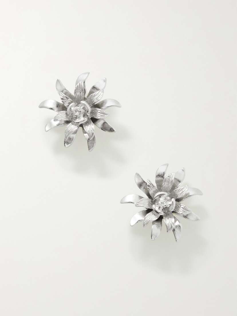 Oscar de la Renta Small Dahlia Silver-tone Crystal Earrings