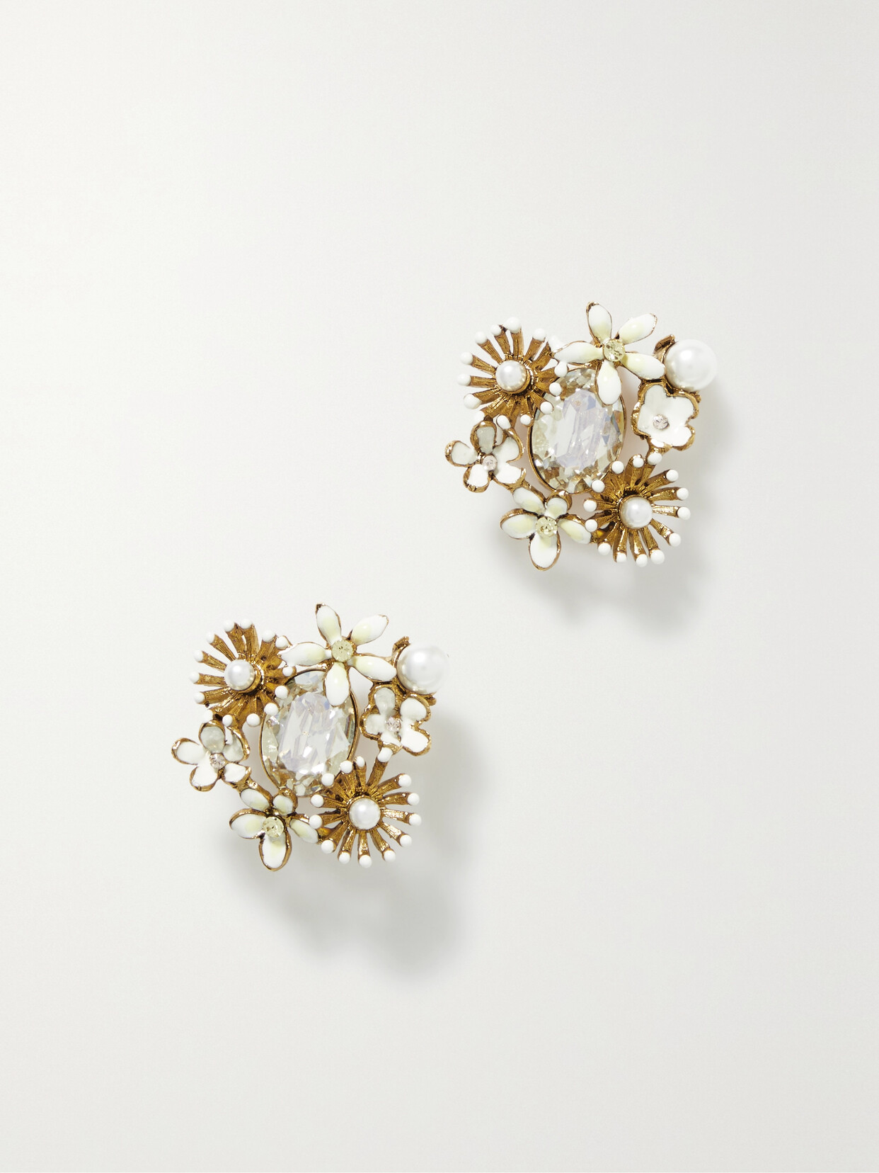 Oscar De La Renta Bloom Gold-tone, Enamel And Crystal Earrings In Ivory