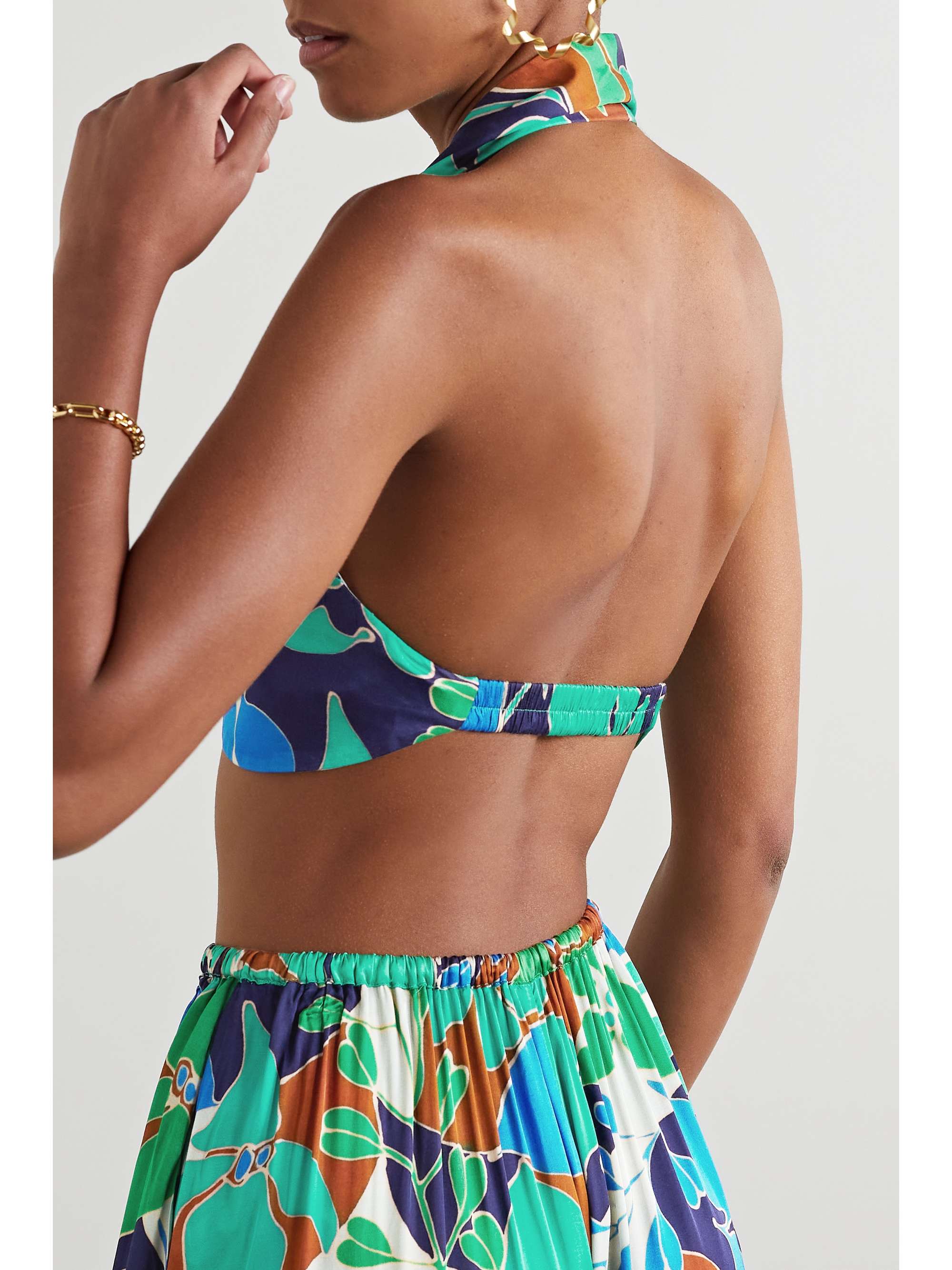 CULT GAIA Diem cropped embellished floral-print satin halterneck top