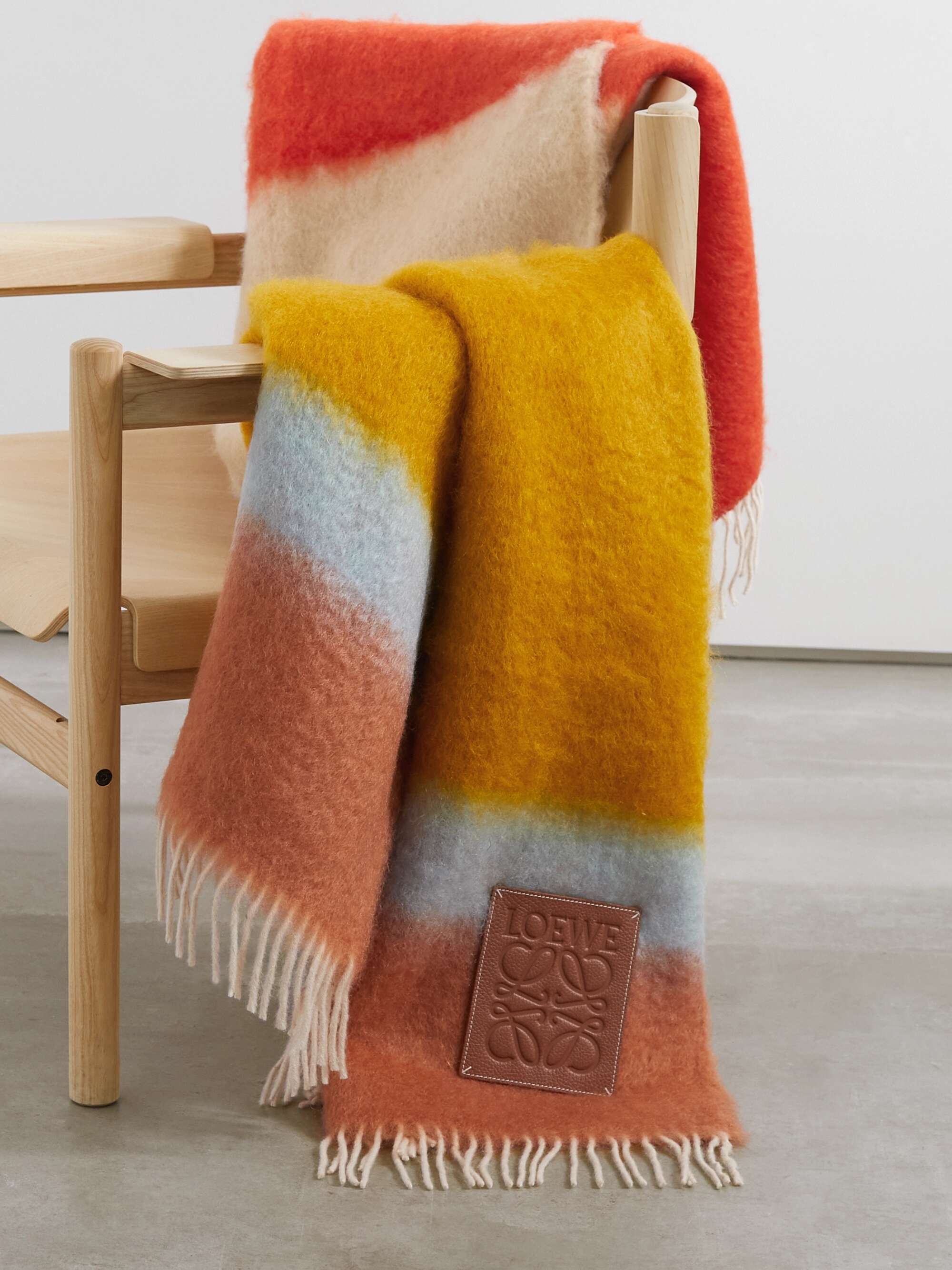 Appliquéd fringed striped mohair-blend blanket