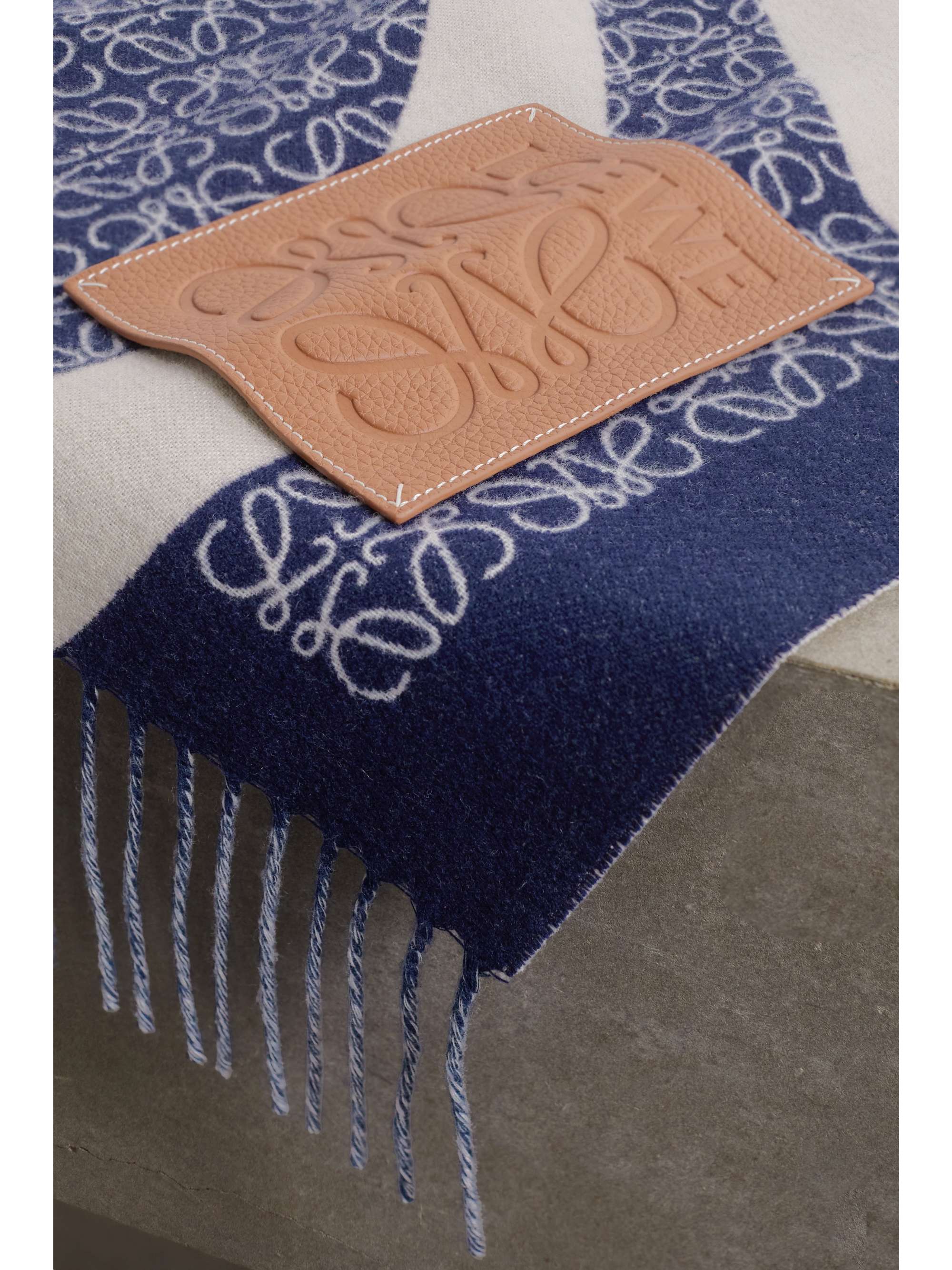 LOEWE Anagram leather-trimmed fringed wool-jacquard throw