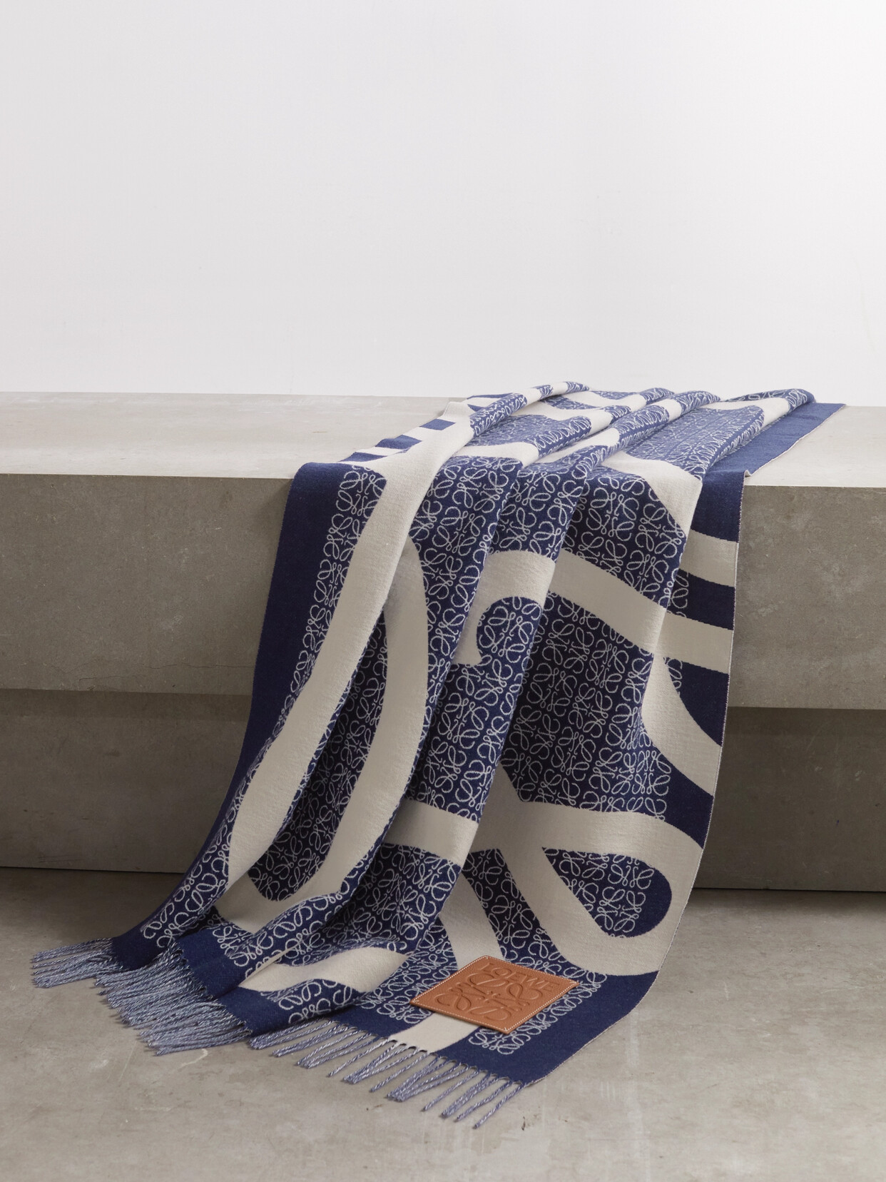 Loewe - Anagram Leather-trimmed Fringed Wool-jacquard Throw - Blue