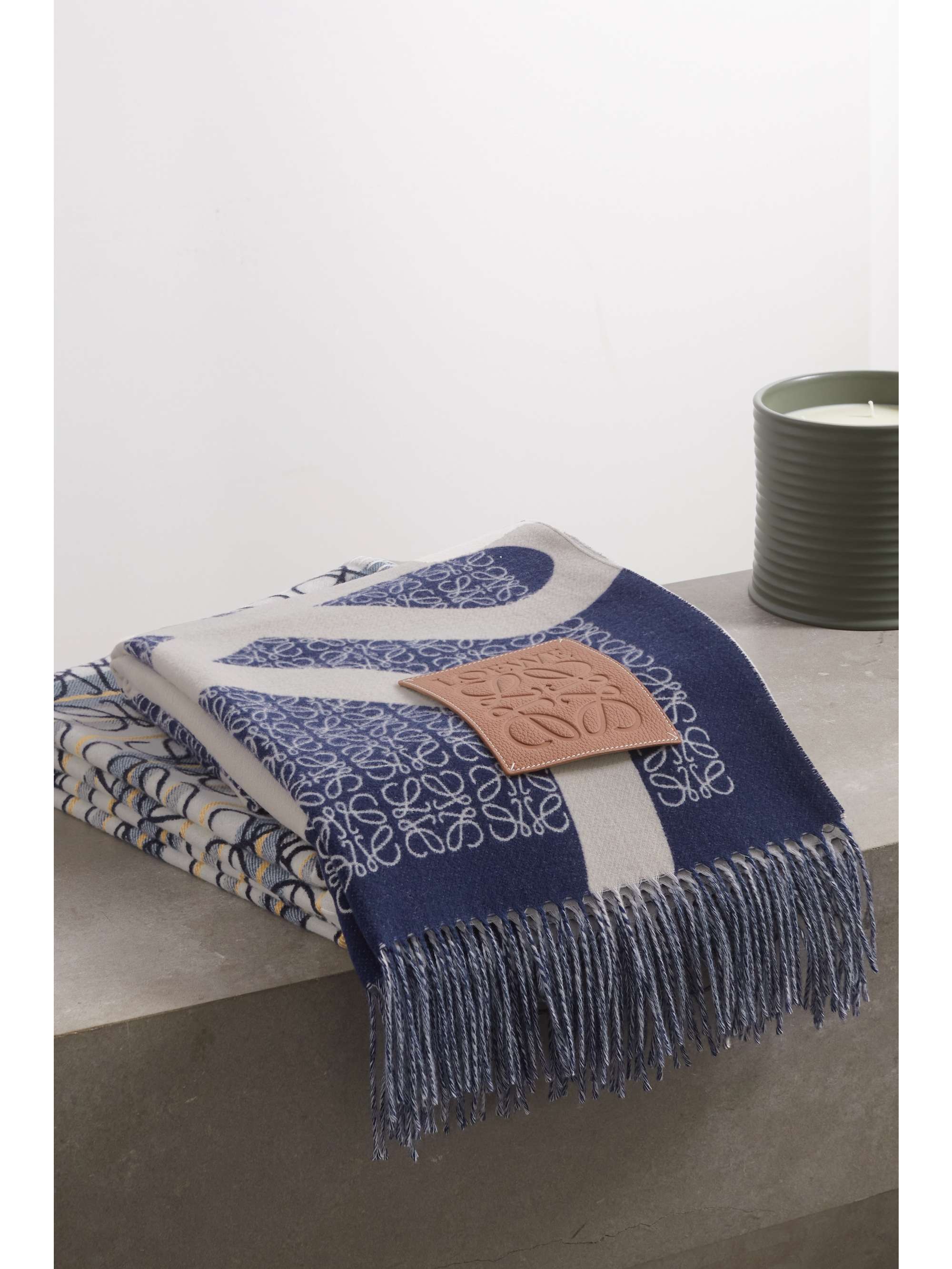 LOEWE Anagram leather-trimmed fringed wool-jacquard throw
