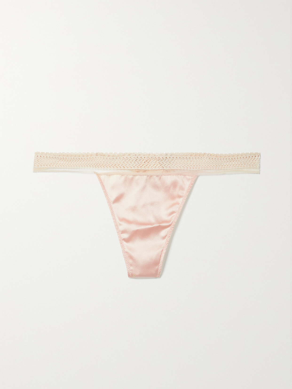 Kiki de Montparnasse - Sylvie Lace And Tulle-trimmed Stretch-silk Satin Thong - Neutrals