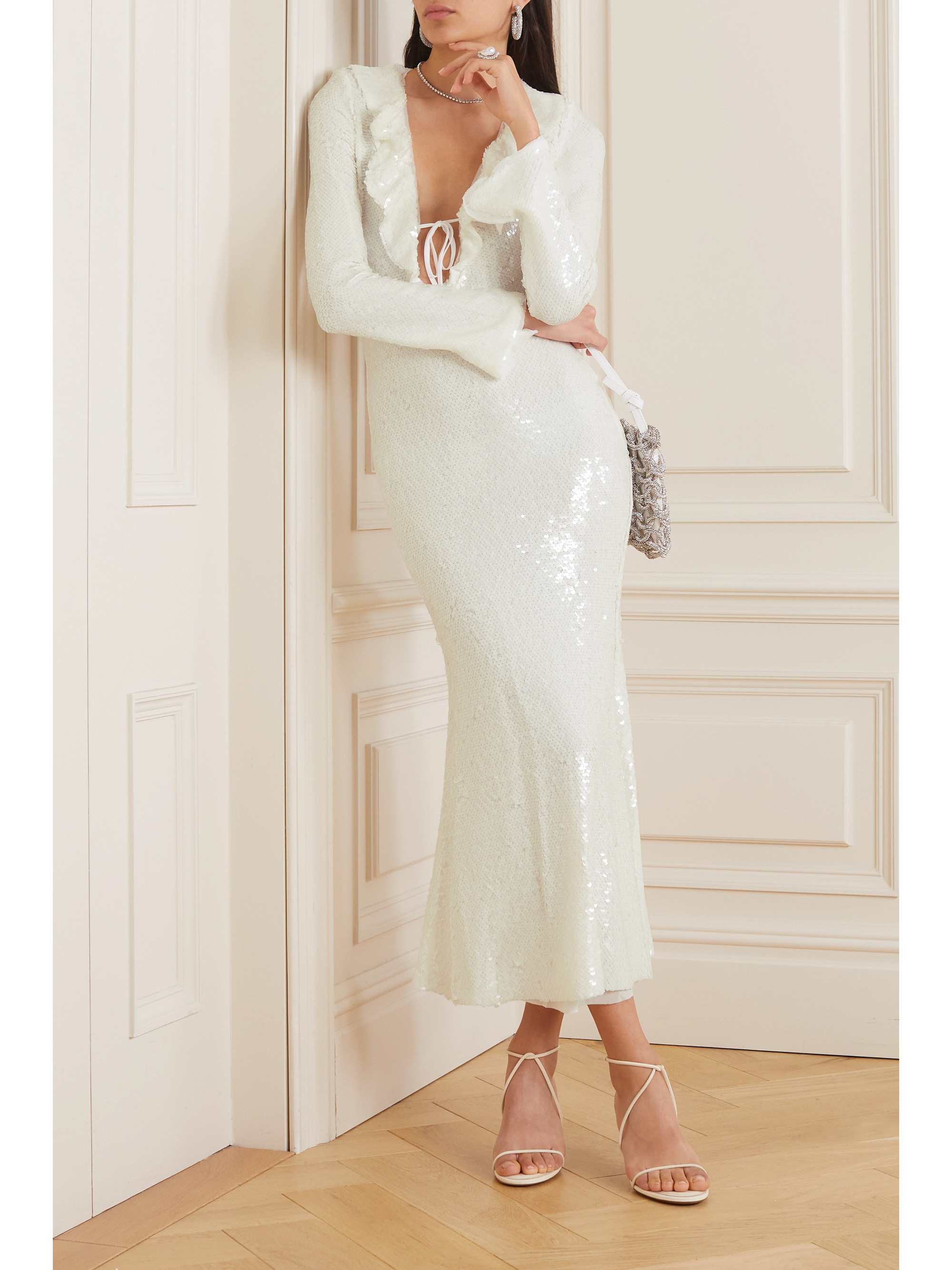 self-portrait Ruffled sequined stretch-tulle midi dress