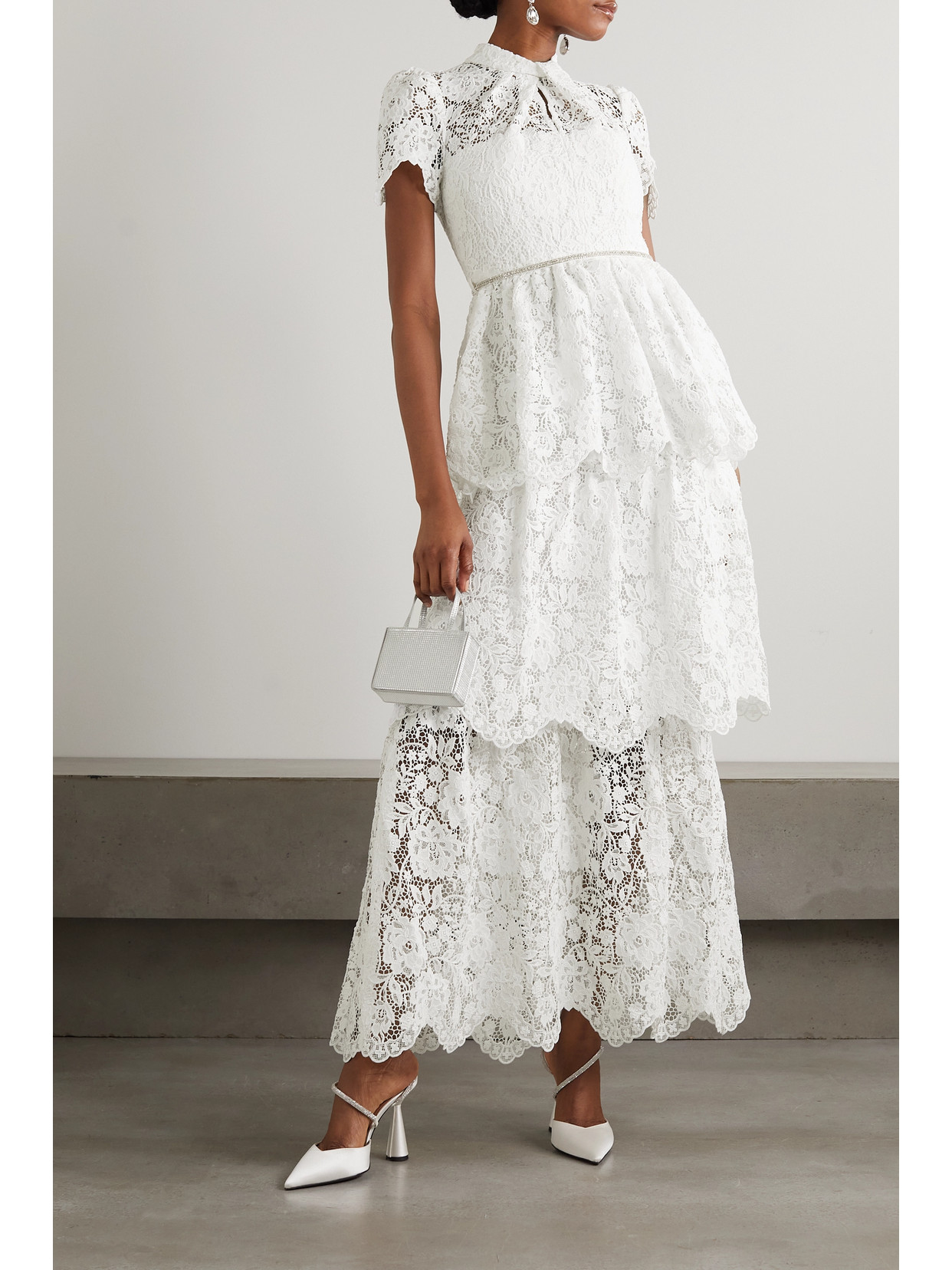 Shop Self-portrait Tiered Corded Lace Maxi Dress In White