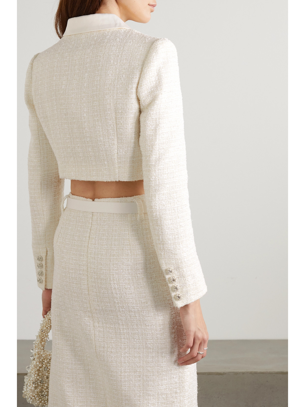 Self-portrait Cropped Embellished Satin-trimmed Metallic Bouclé-tweed Blazer In White