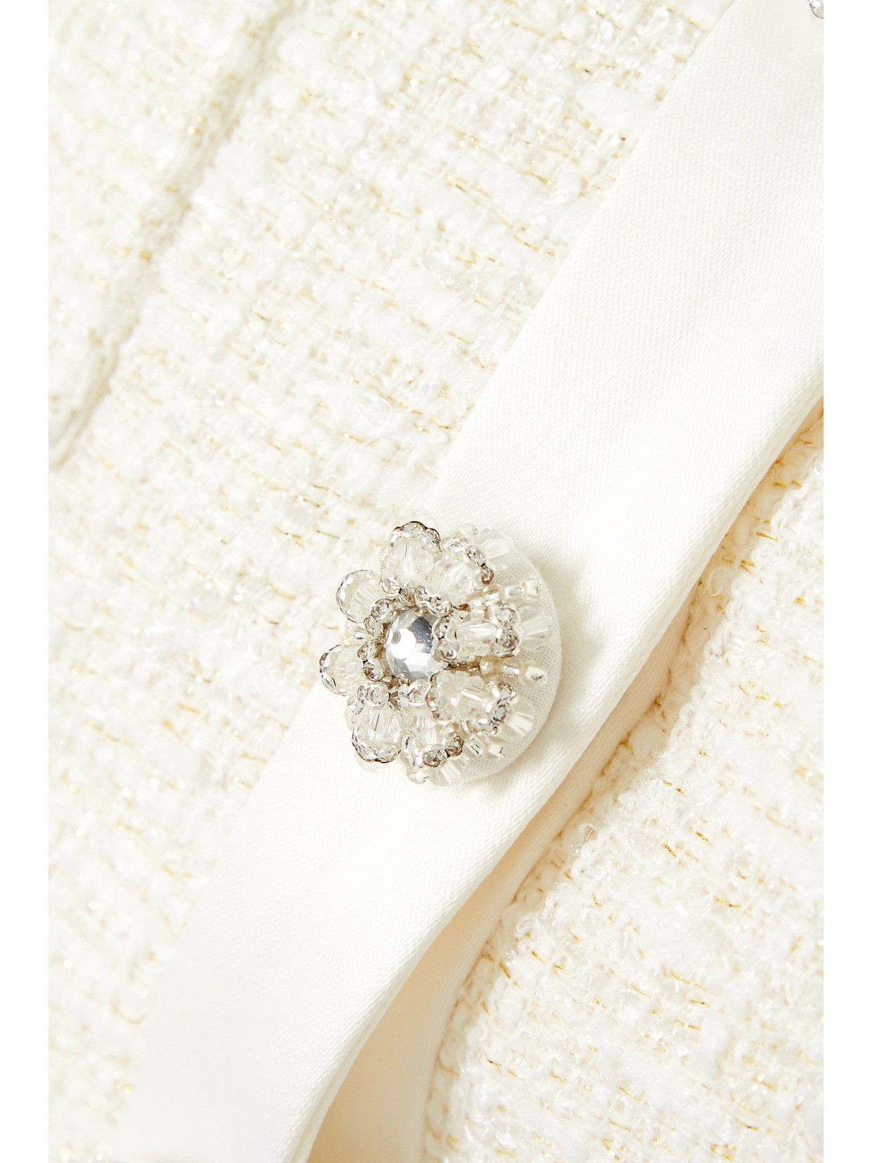 Self-portrait Cropped Embellished Satin-trimmed Metallic Bouclé-tweed Blazer In White