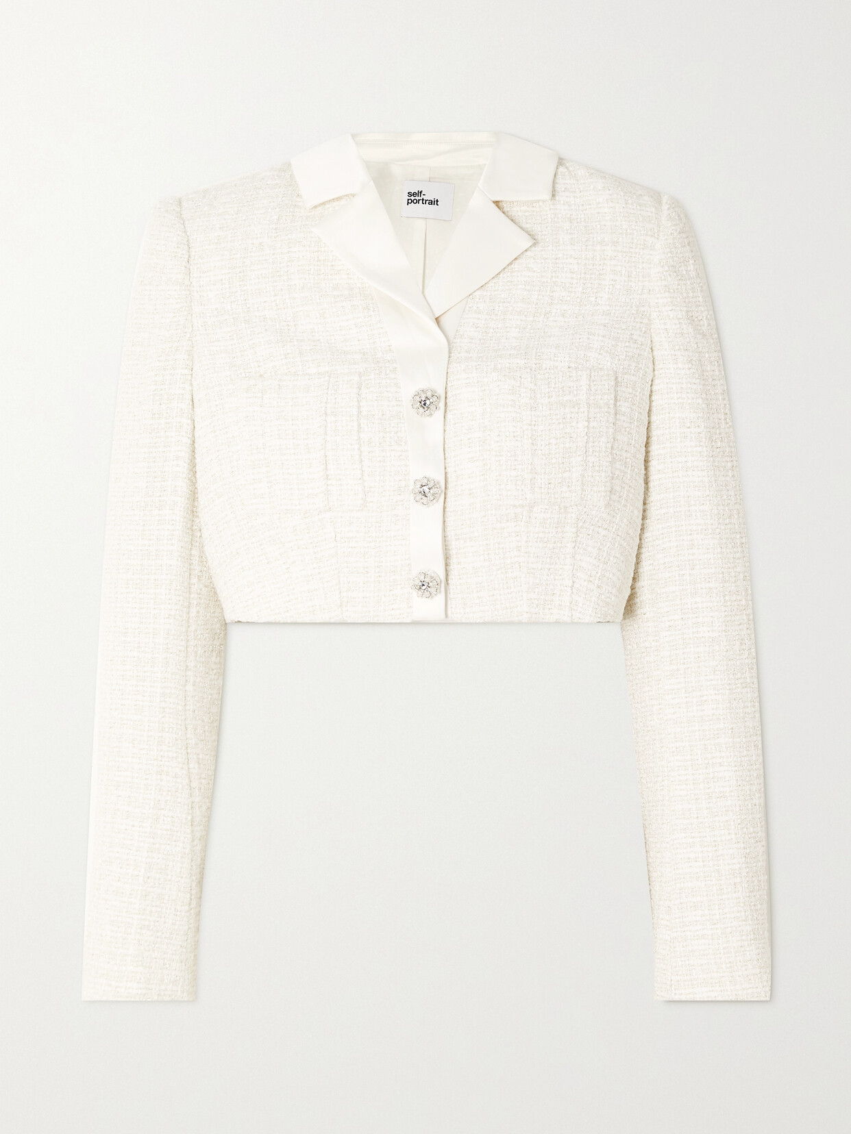 Self-portrait Cropped Embellished Satin-trimmed Metallic Bouclé-tweed Blazer In White