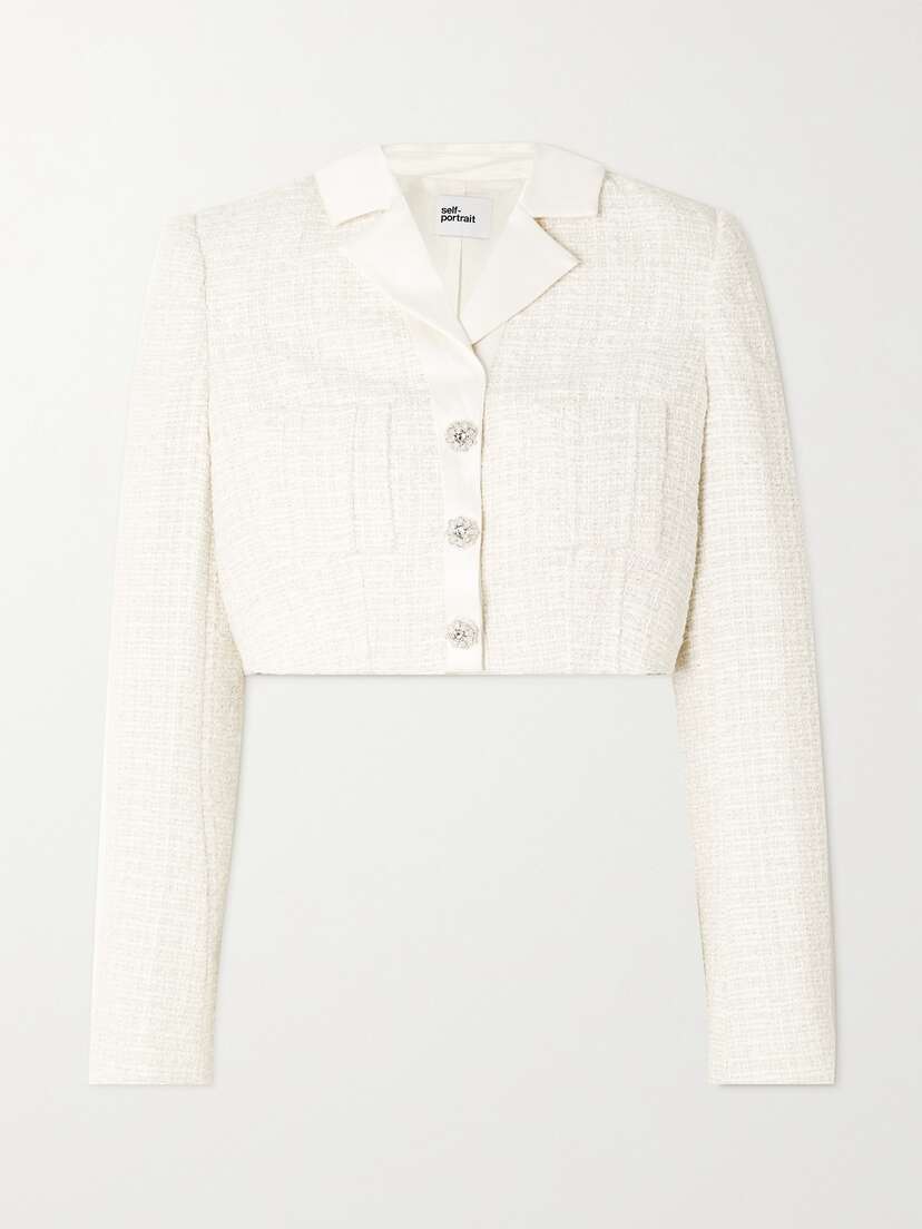 Self-Portrait Cropped Embellished Satin-trimmed Metallic Bouclé-tweed Blazer