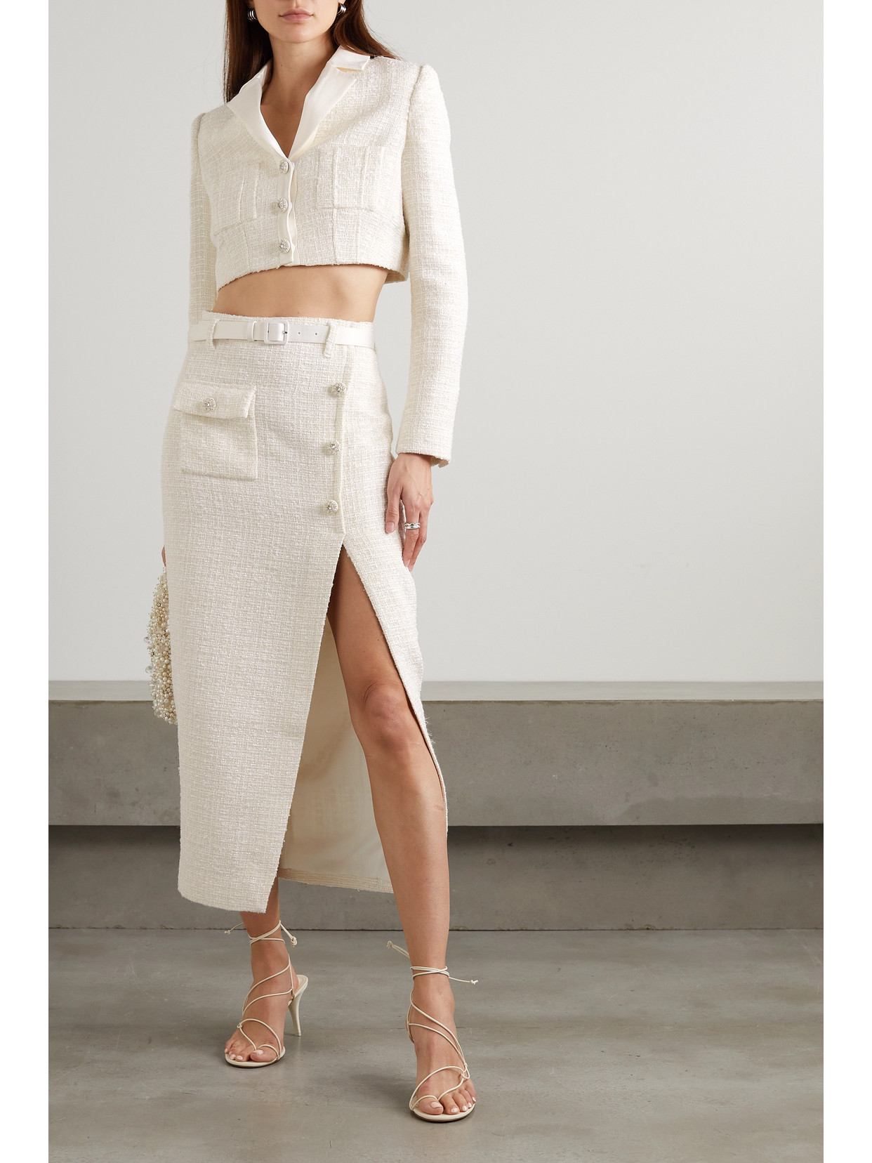 Self-portrait Cropped Embellished Satin-trimmed Metallic Bouclé-tweed Blazer In White