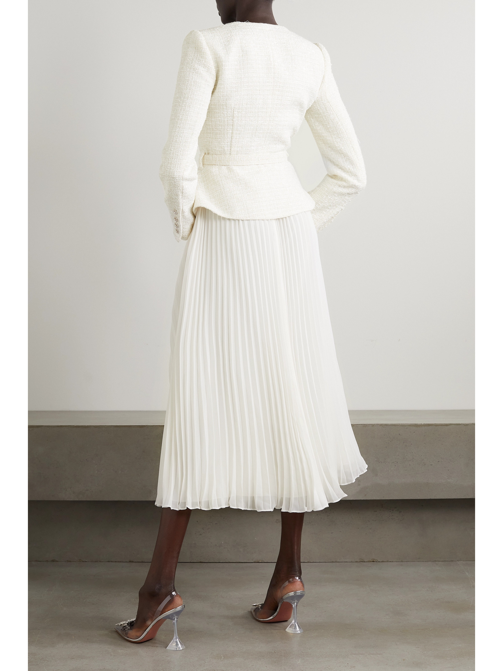 self-portrait Pleated georgette and sequin-embellished metallic bouclé midi dress thumbnail