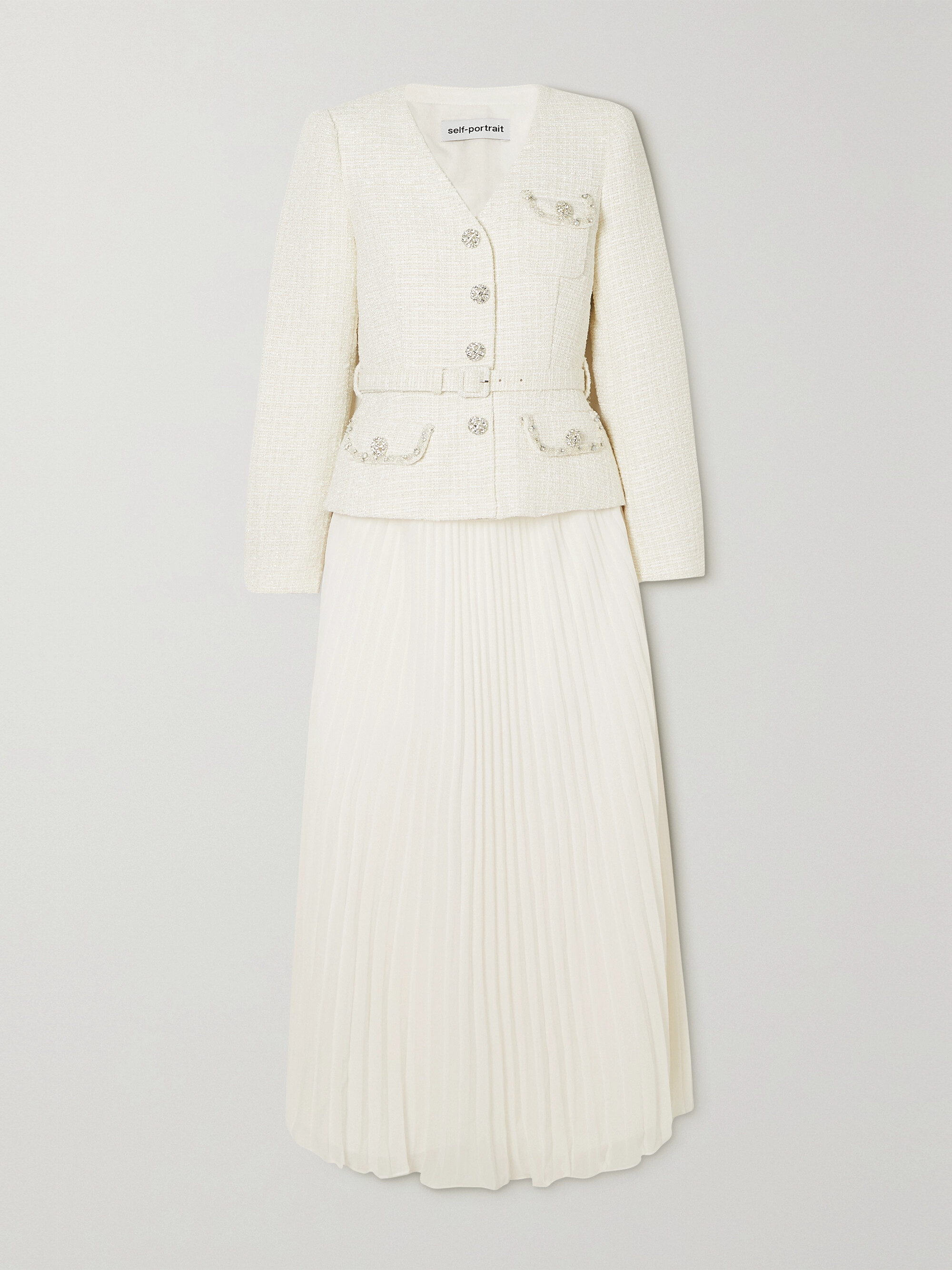 self-portrait Pleated georgette and sequin-embellished metallic bouclé midi dress thumbnail