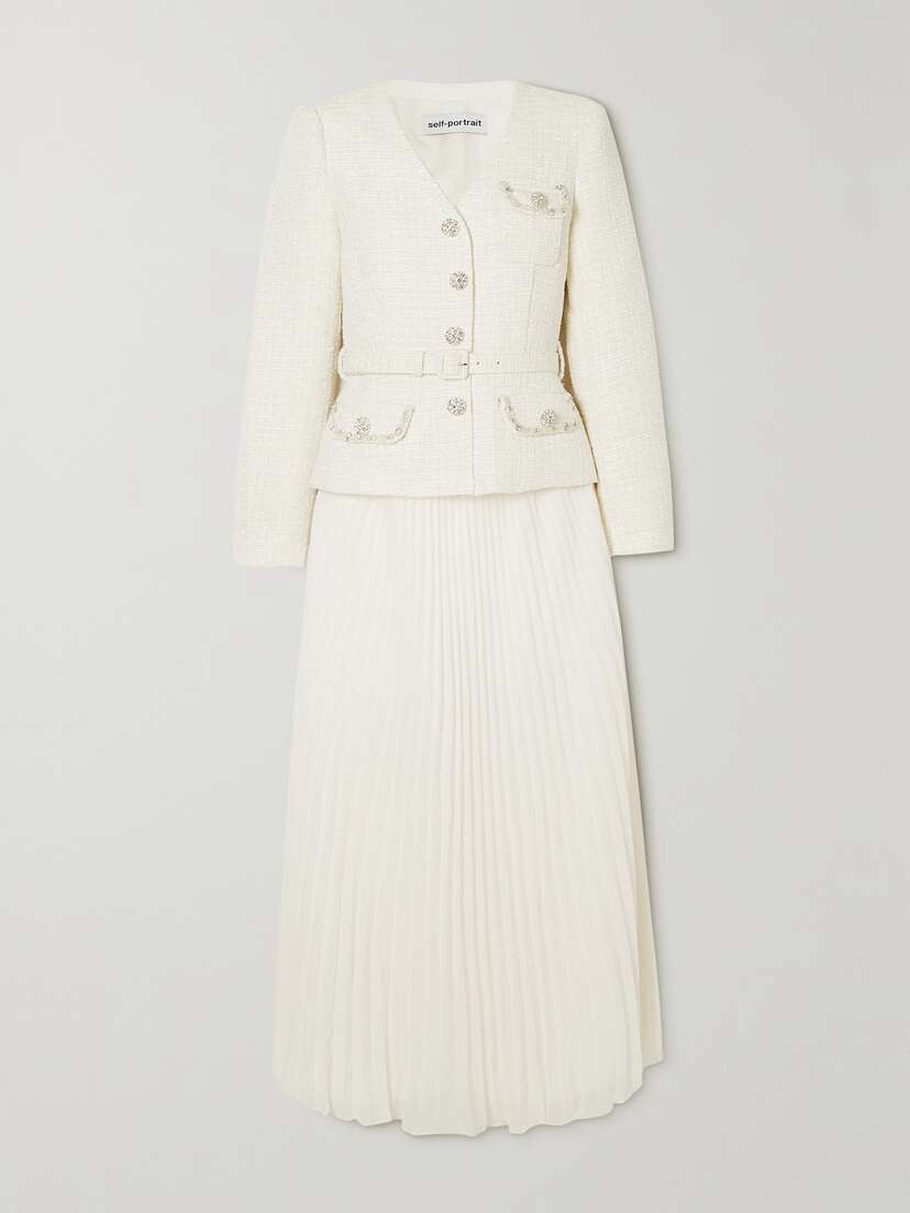 Self-Portrait Pleated Georgette And Sequin-embellished Metallic Bouclé Midi Dress