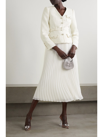 self-portrait Pleated georgette and sequin-embellished metallic bouclé midi dress
