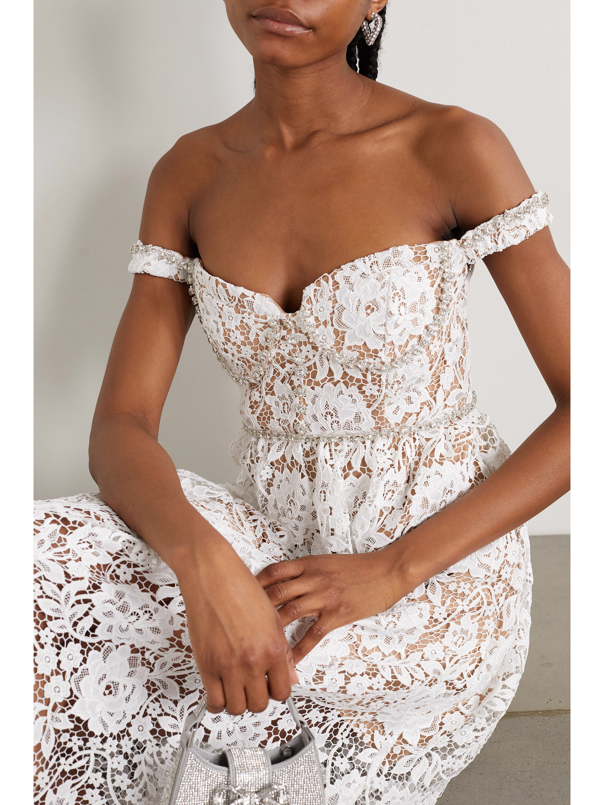 self-portrait Off-the-shoulder crystal-embellished corded lace midi dress thumbnail