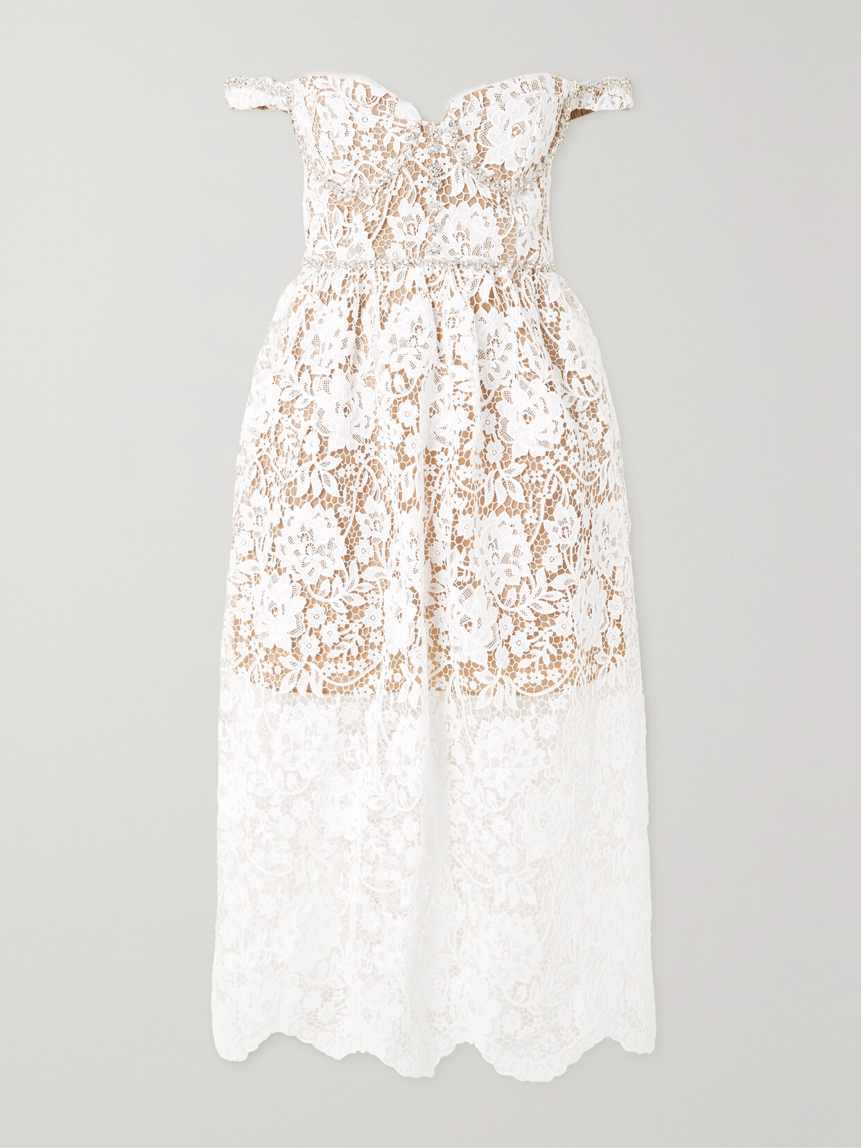 SELF-PORTRAIT OFF-THE-SHOULDER CRYSTAL-EMBELLISHED CORDED LACE MIDI DRESS