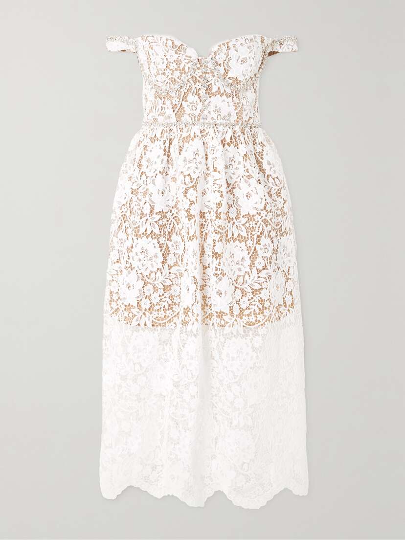 Self-Portrait Off-the-shoulder Crystal-embellished Corded Lace Midi Dress