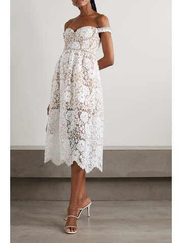 self-portrait Off-the-shoulder crystal-embellished corded lace midi dress