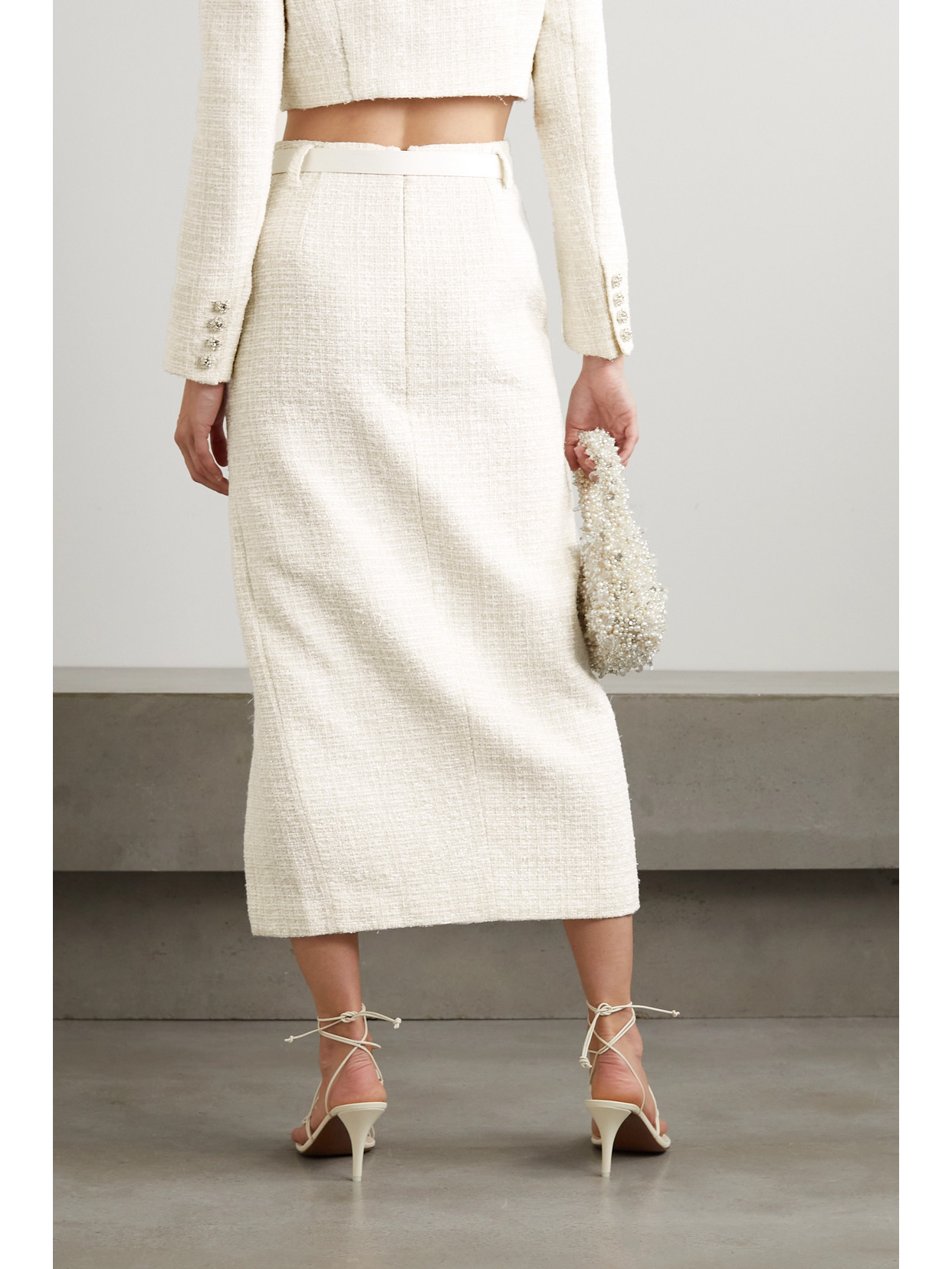 Self-portrait Belted Satin-trimmed Metallic Bouclé-tweed Midi Skirt In White