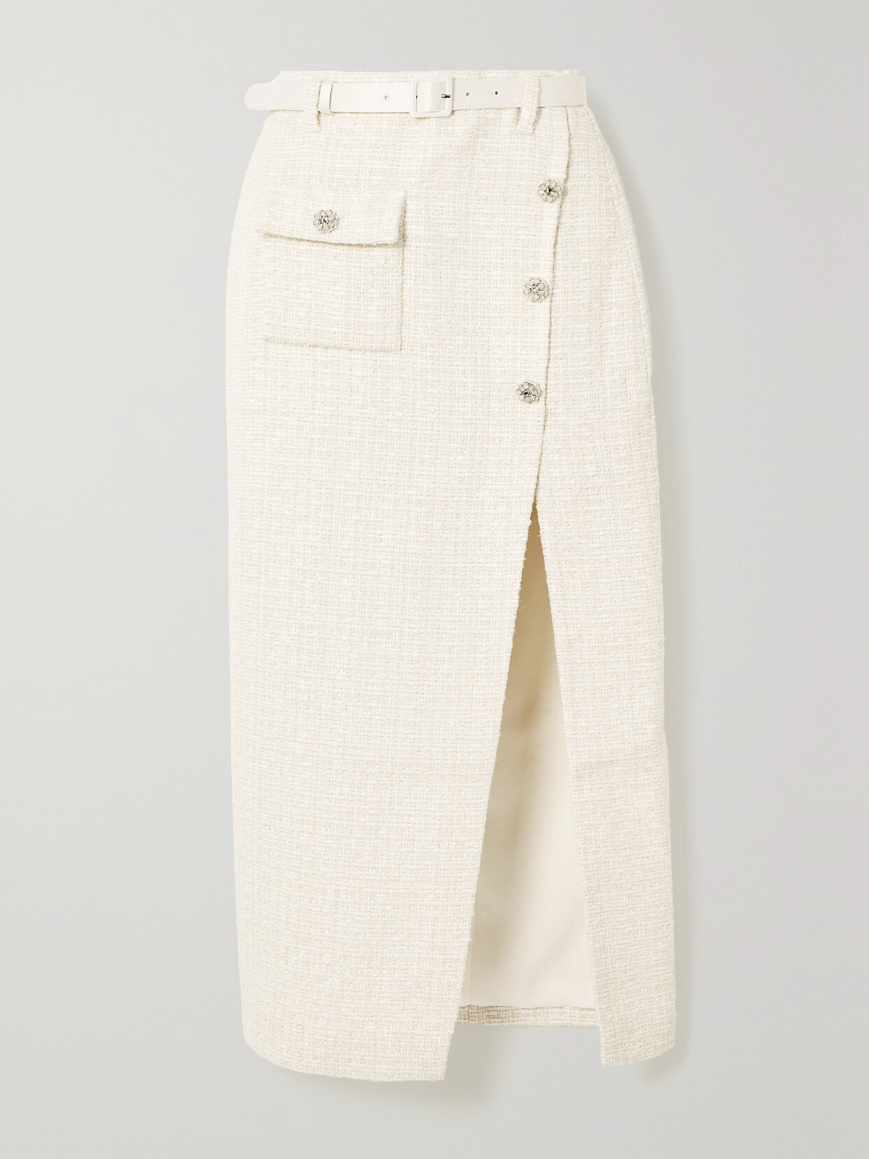 Self-portrait Belted Satin-trimmed Metallic Bouclé-tweed Midi Skirt In White