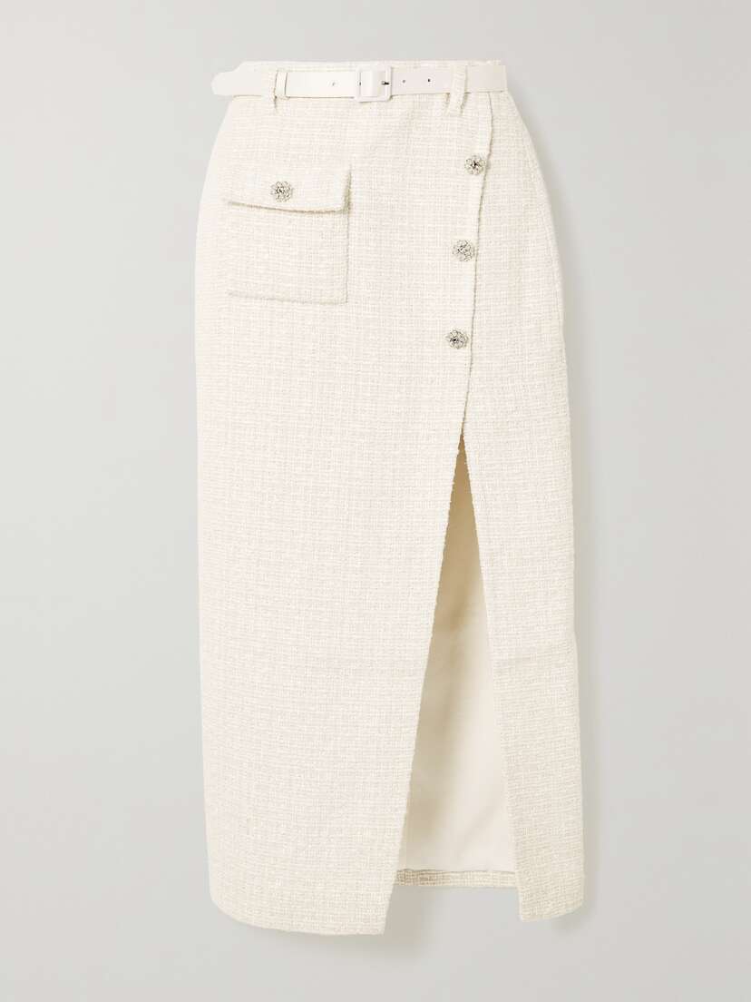 Self-Portrait Belted Satin-trimmed Metallic Bouclé-tweed Midi Skirt