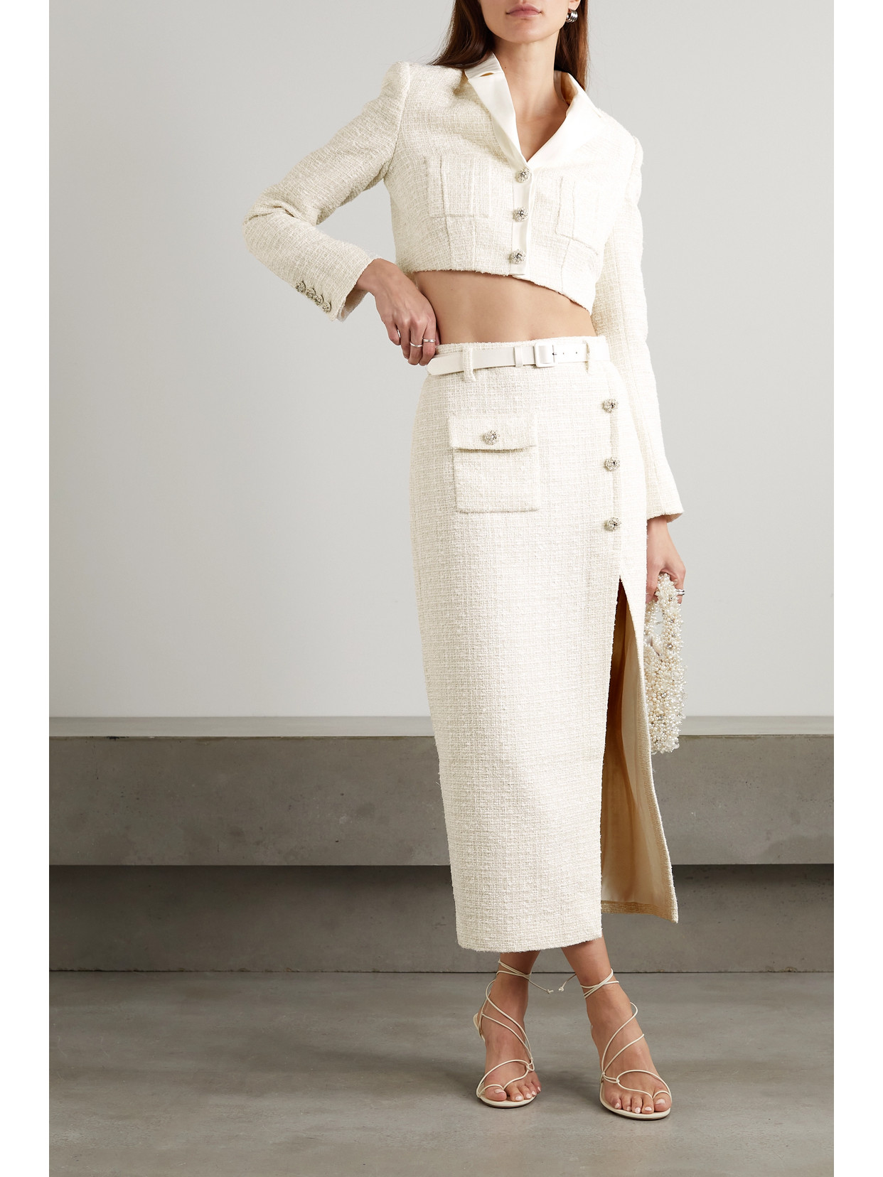Self-portrait Belted Satin-trimmed Metallic Bouclé-tweed Midi Skirt In White