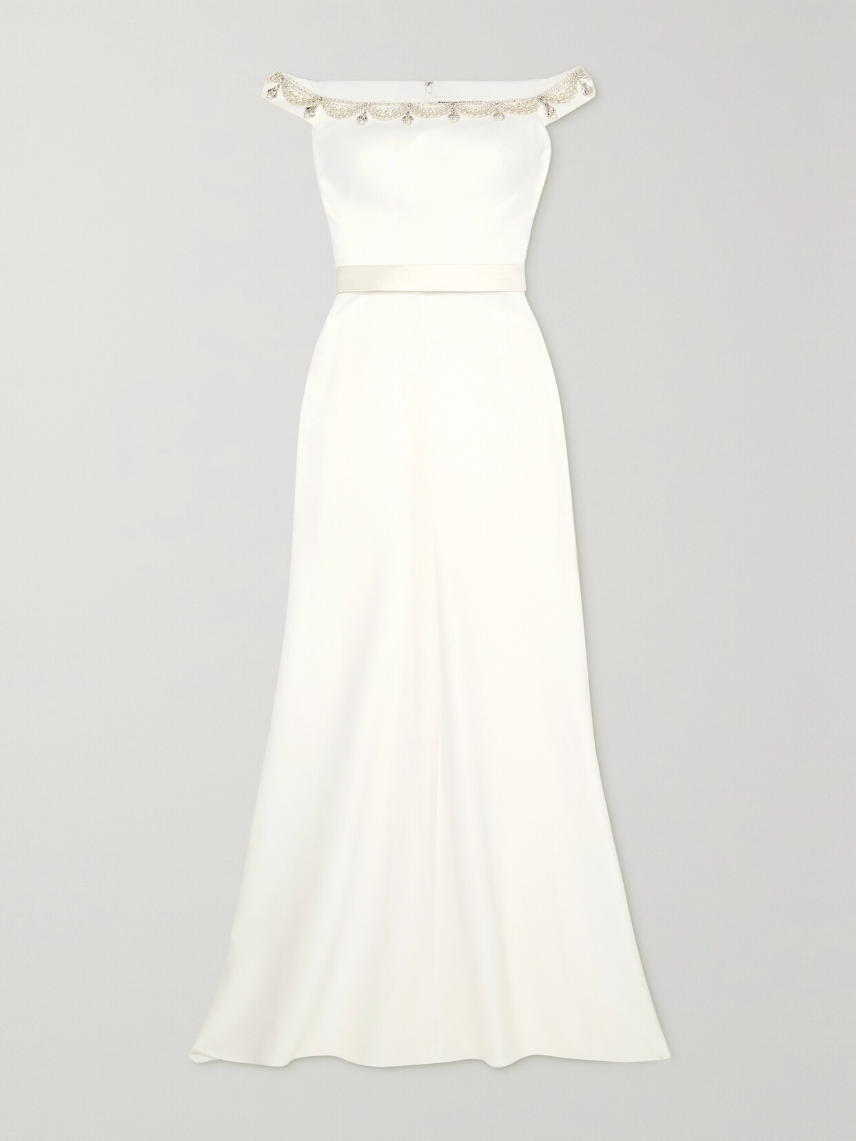 Jenny Packham - Off-the-shoulder Satin-trimmed Embellished Crepe Gown - White