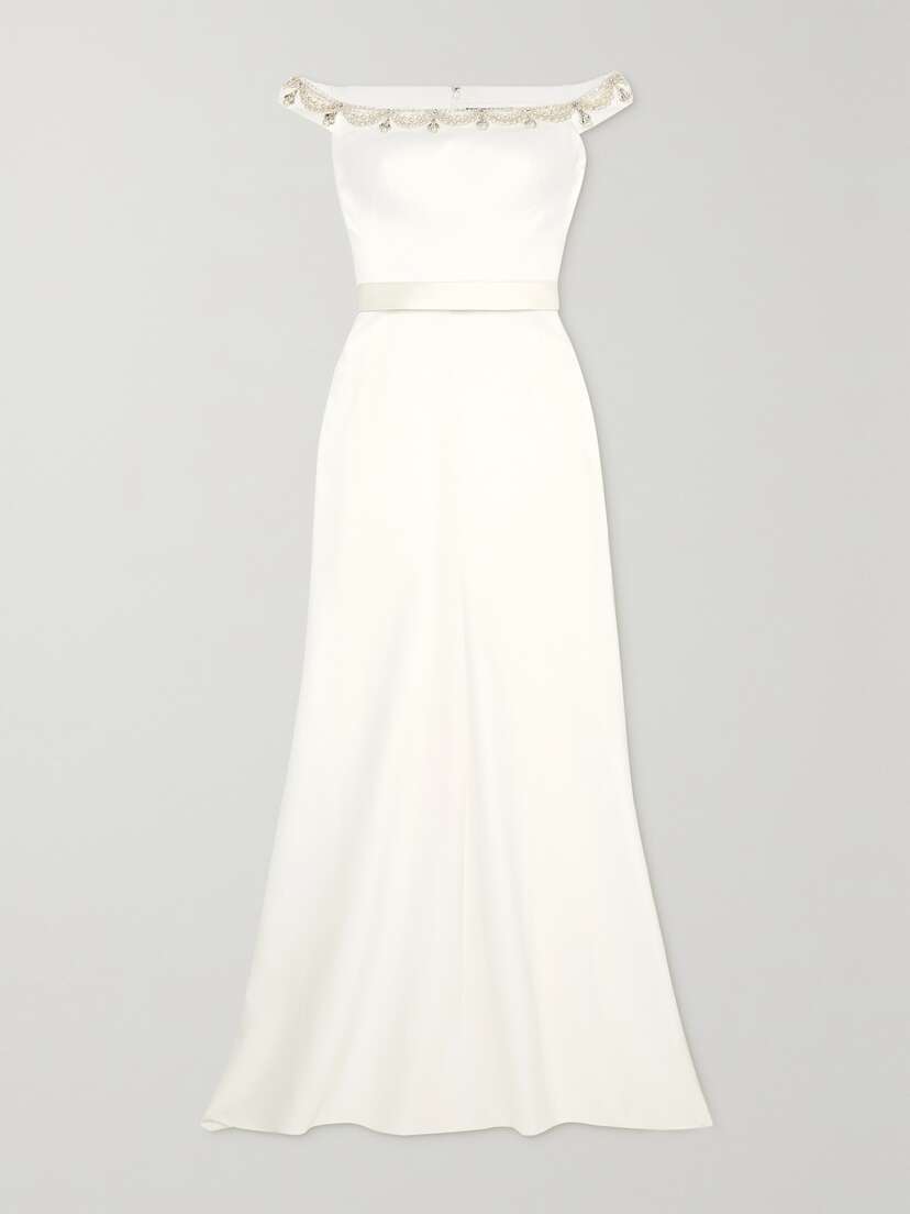 Jenny Packham Off-the-shoulder Satin-trimmed Embellished Crepe Gown - UK 16